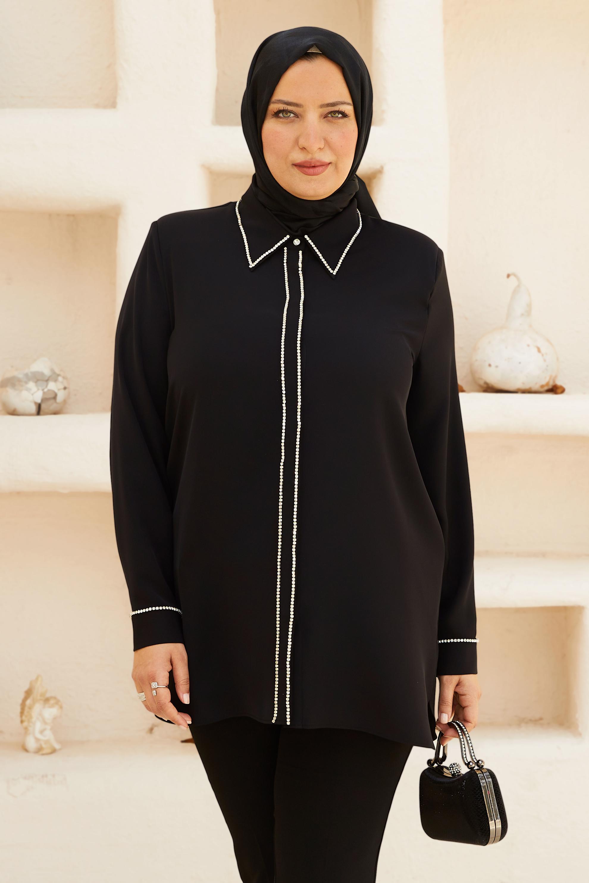 Vêtements hijab NOIR TUNIQUE DÉTAILLÉE DE GEMME 8558