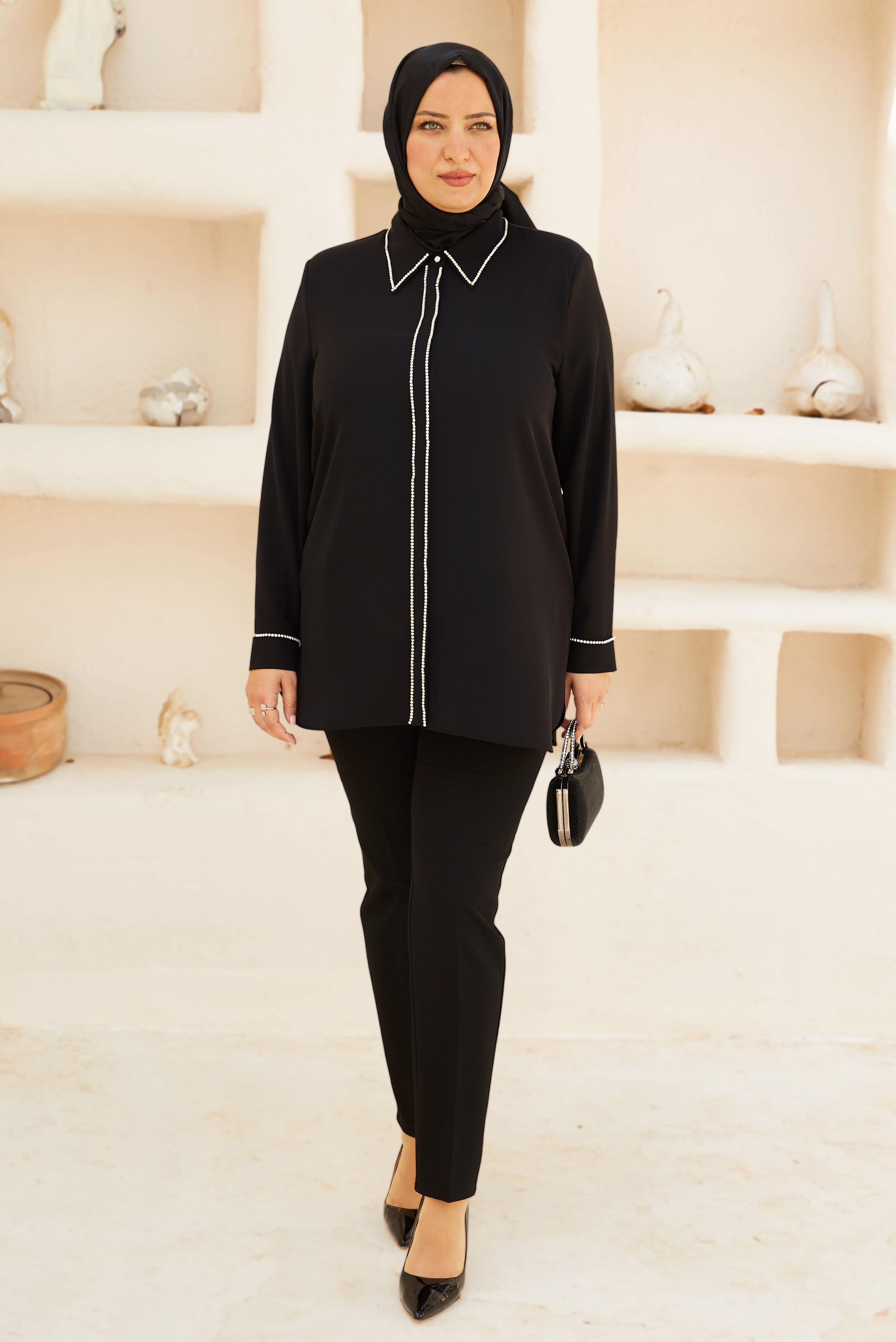 Vêtements hijab NOIR TUNIQUE DÉTAILLÉE DE GEMME 8558