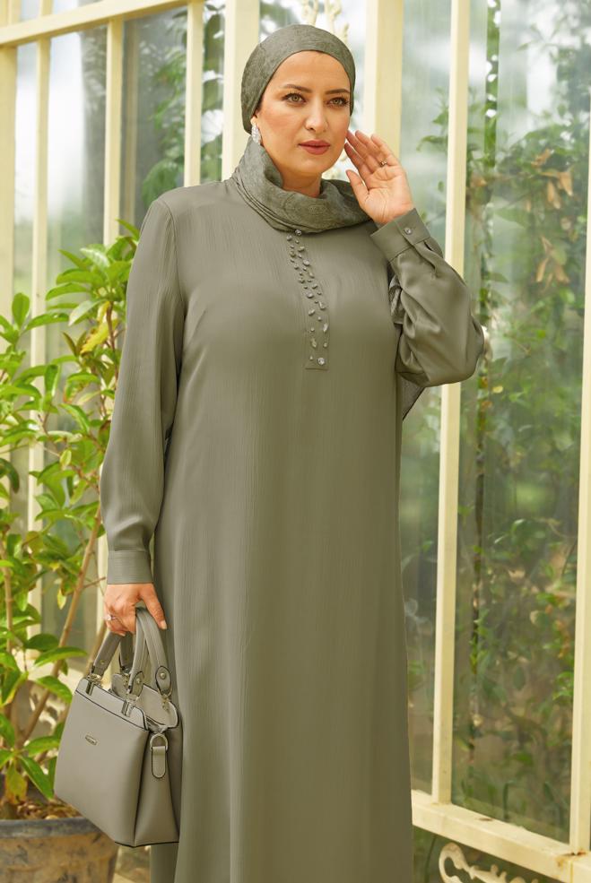 Tesettür giyim KUM TAŞLI BÜYÜK BEDEN ELBİSE 20780 - ALVİNA
