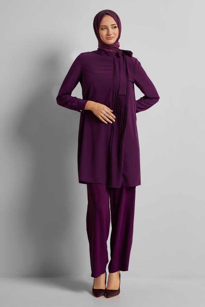Vêtements hijab POURPRE TUNIQUE À COL NOUÉ 44223 - ALVİNA