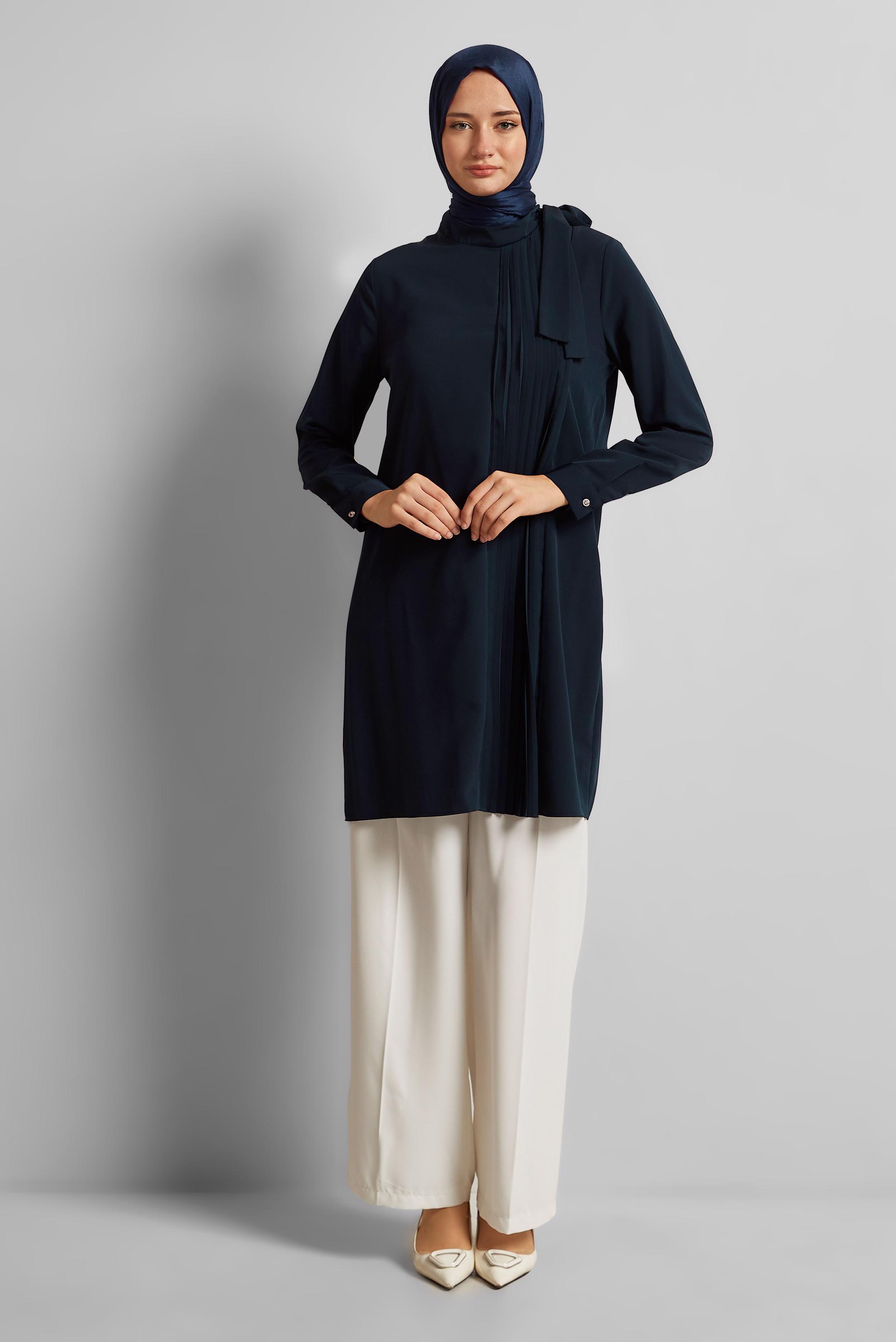 Vêtements hijab BLEU MARINE TUNIQUE À COL NOUÉ 44223