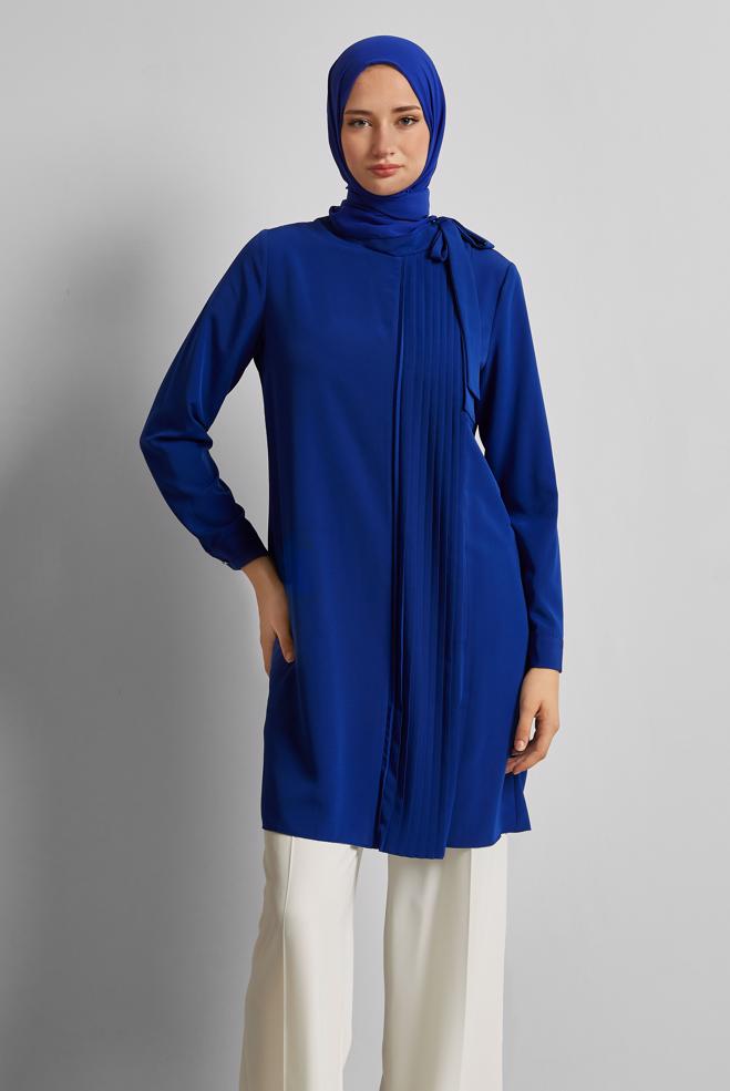 Vêtements hijab BLEU TUNIQUE À COL NOUÉ 44223 - ALVİNA