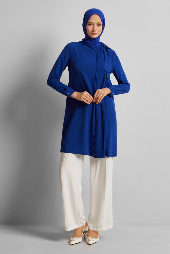 Vêtements hijab BLEU TUNIQUE À COL NOUÉ 44223 - ALVİNA