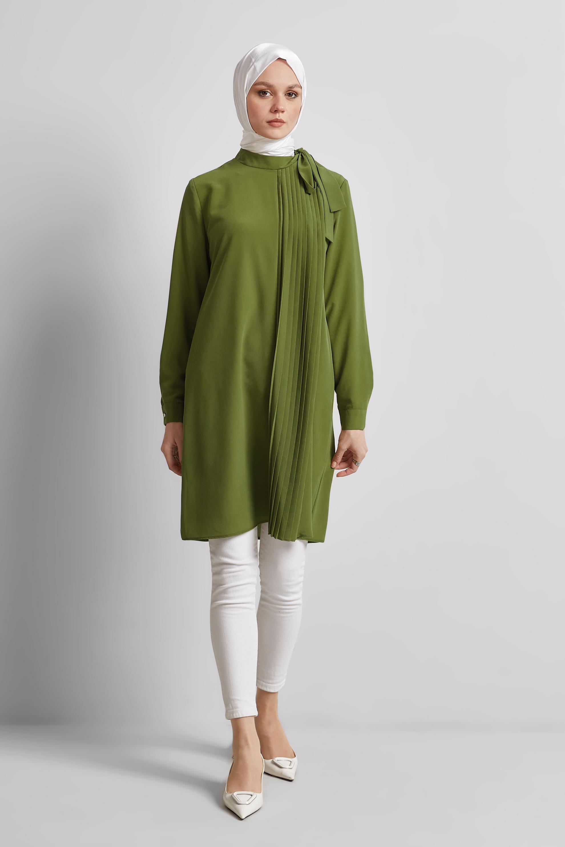 Tesettür giyim YEŞİL BAĞLAMA DETAYLI TUNİK 44223