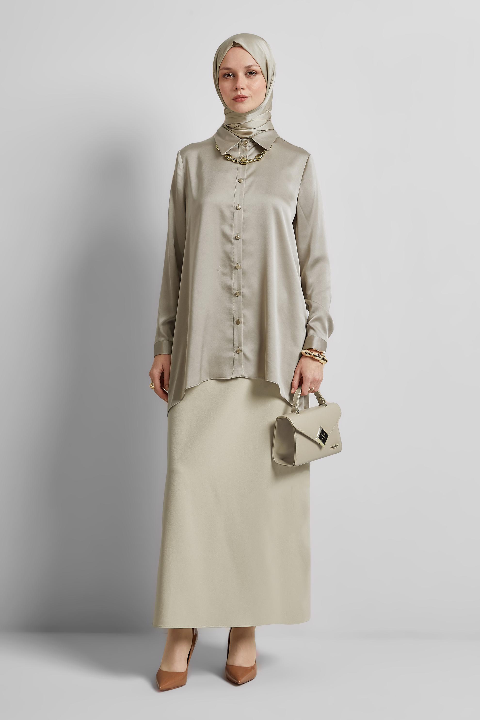 Tesettür giyim BEJ ASİMETRİK KESİM SATEN TUNİK 44615