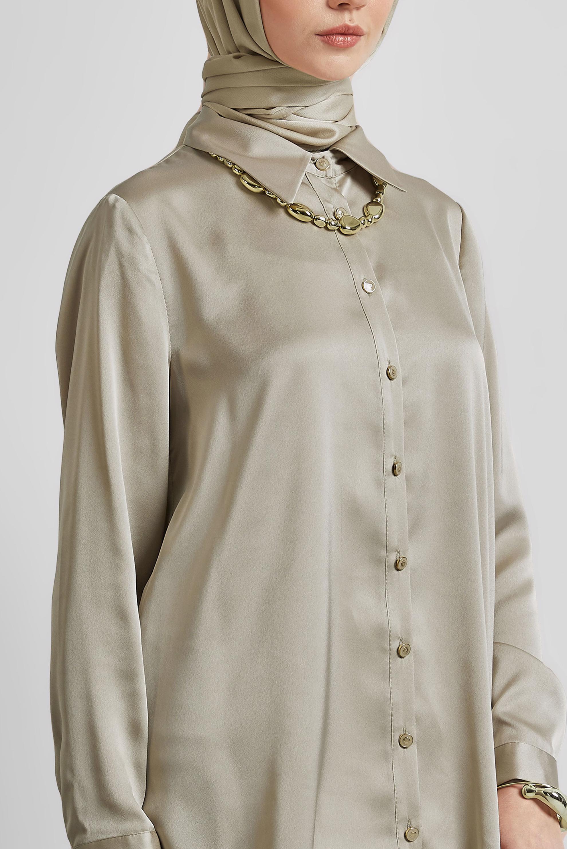 Tesettür giyim BEJ ASİMETRİK KESİM SATEN TUNİK 44615