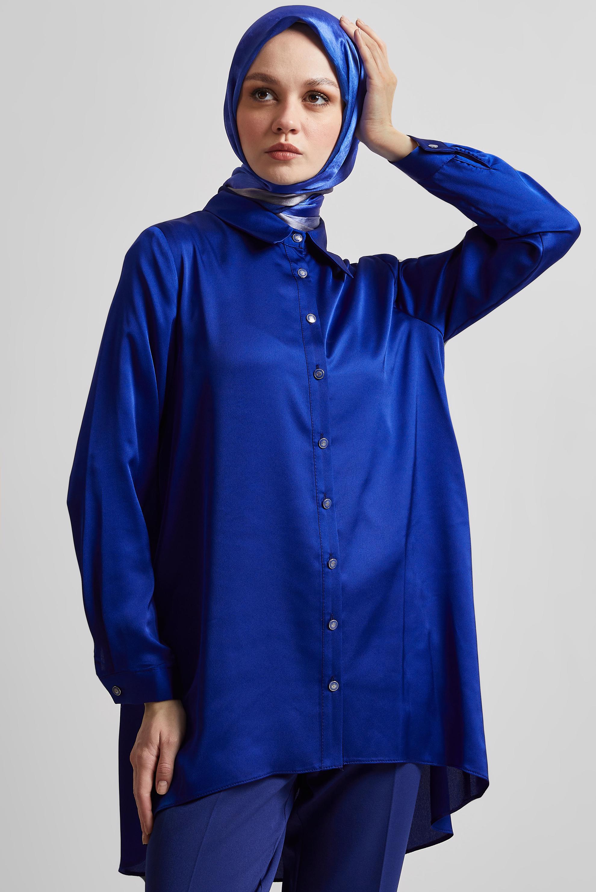 Tesettür giyim LACİVERT ASİMETRİK KESİM SATEN TUNİK 44615