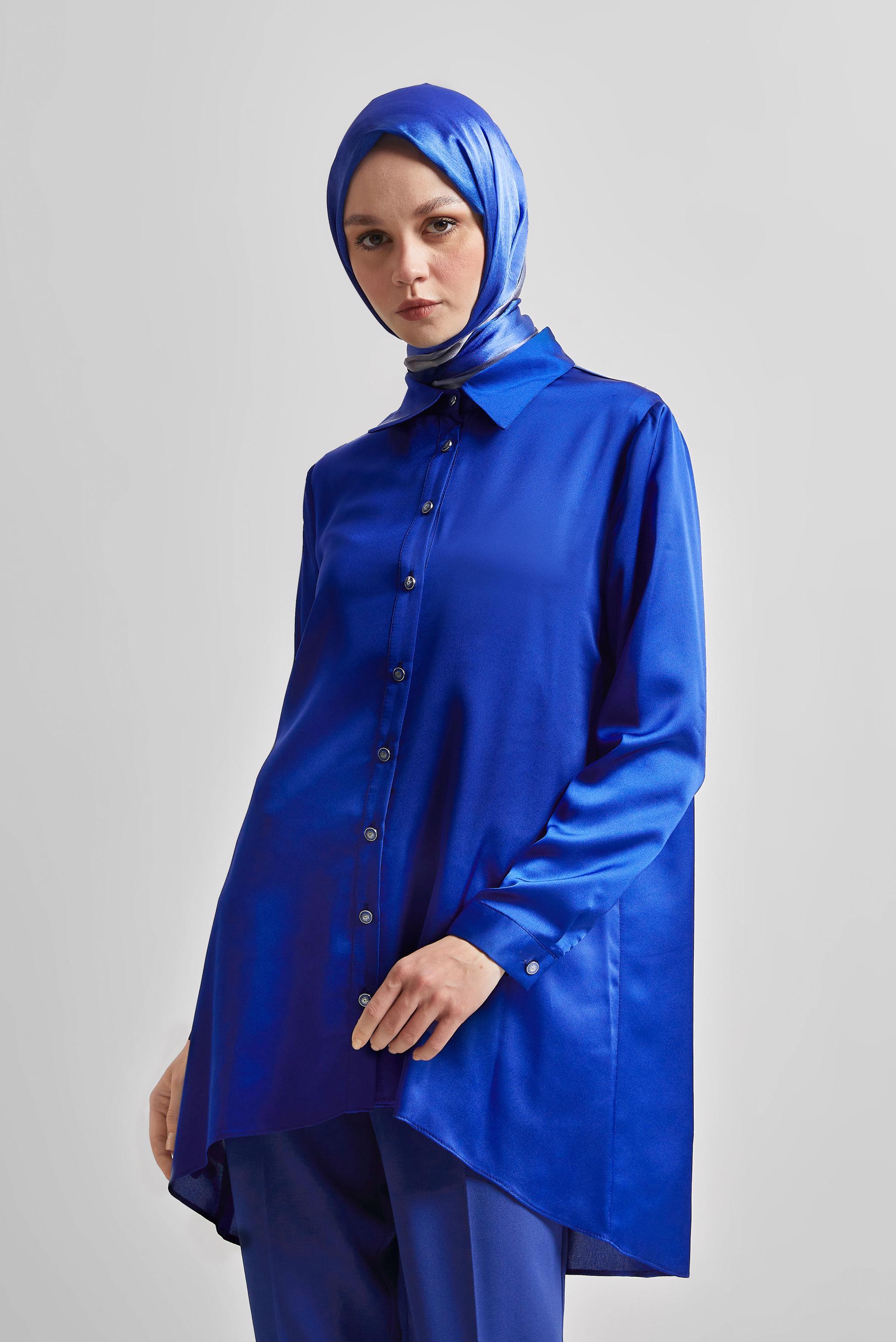 Tesettür giyim LACİVERT ASİMETRİK KESİM SATEN TUNİK 44615