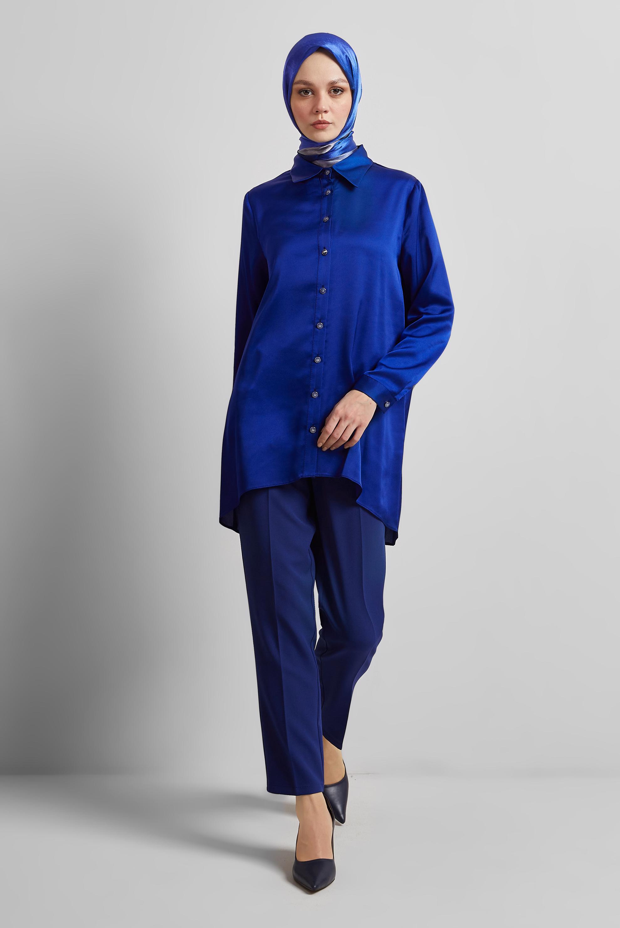 Tesettür giyim LACİVERT ASİMETRİK KESİM SATEN TUNİK 44615