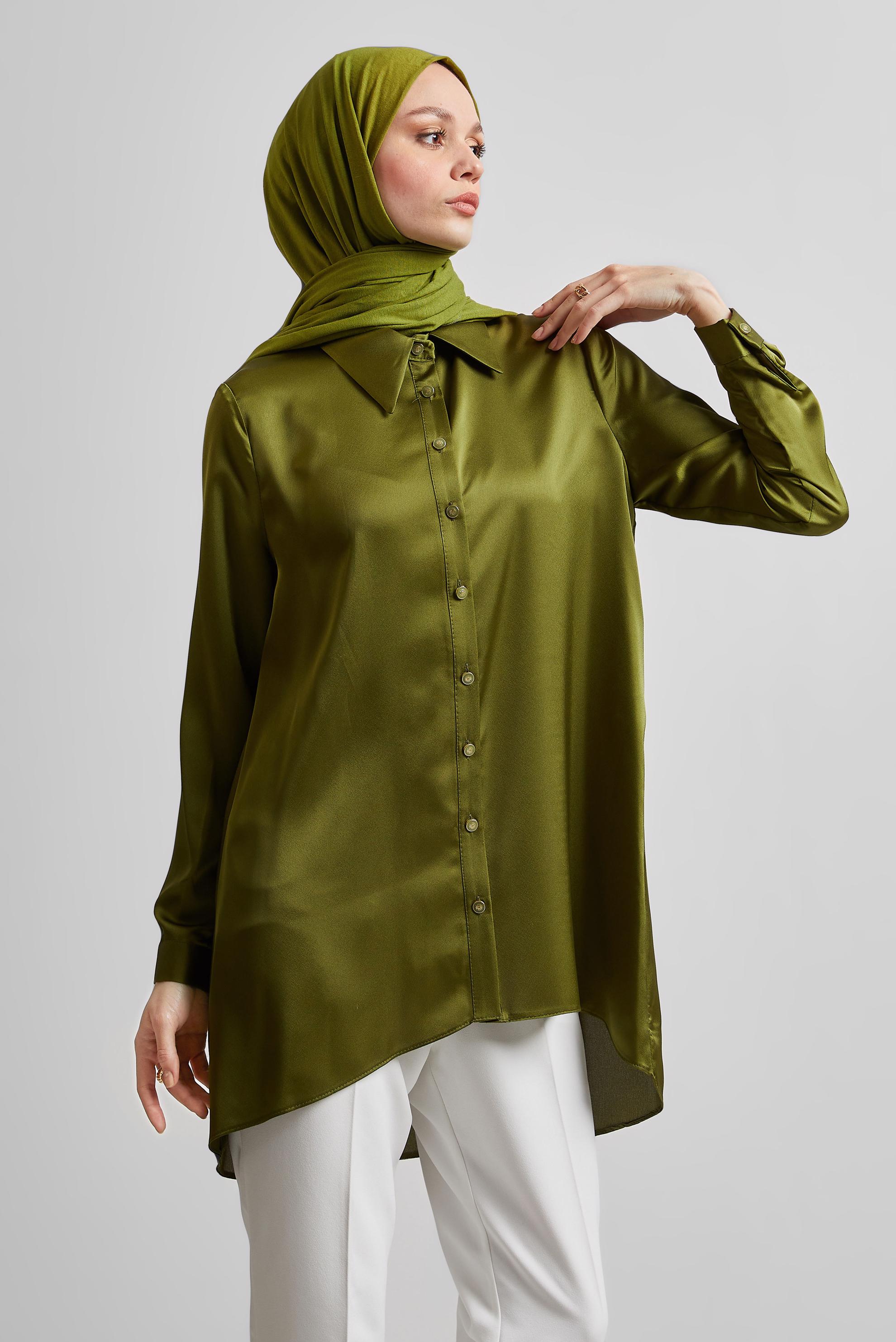 Tesettür giyim YEŞİL ASİMETRİK KESİM SATEN TUNİK 44615