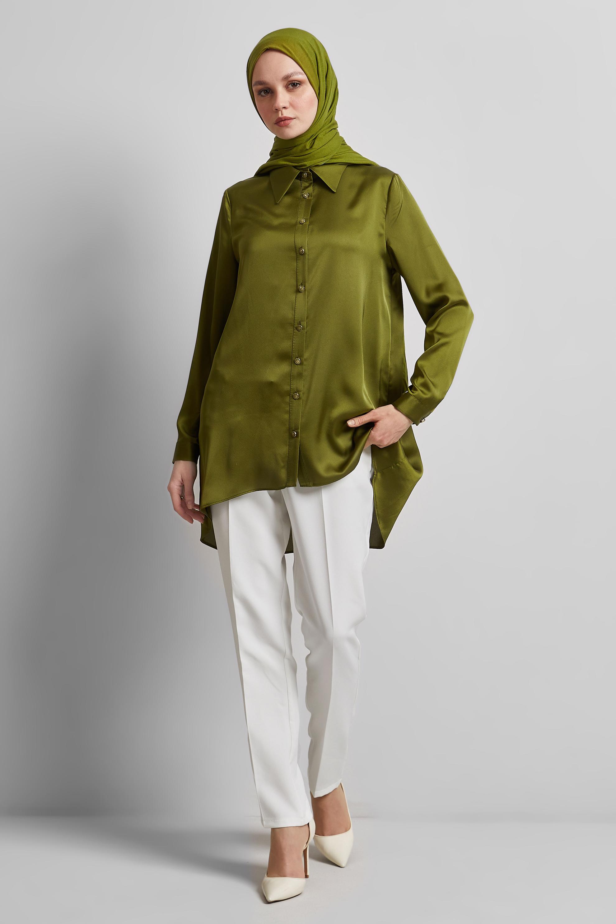 Tesettür giyim YEŞİL ASİMETRİK KESİM SATEN TUNİK 44615