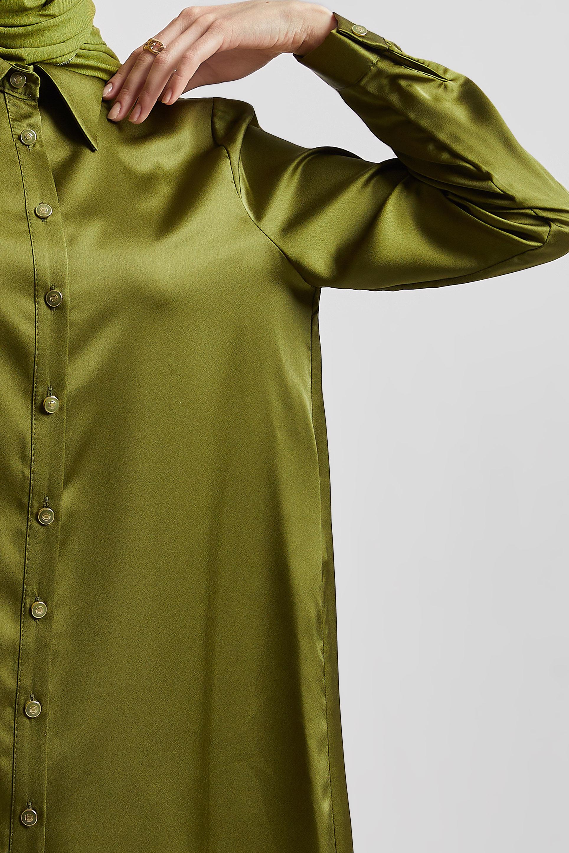 Tesettür giyim YEŞİL ASİMETRİK KESİM SATEN TUNİK 44615