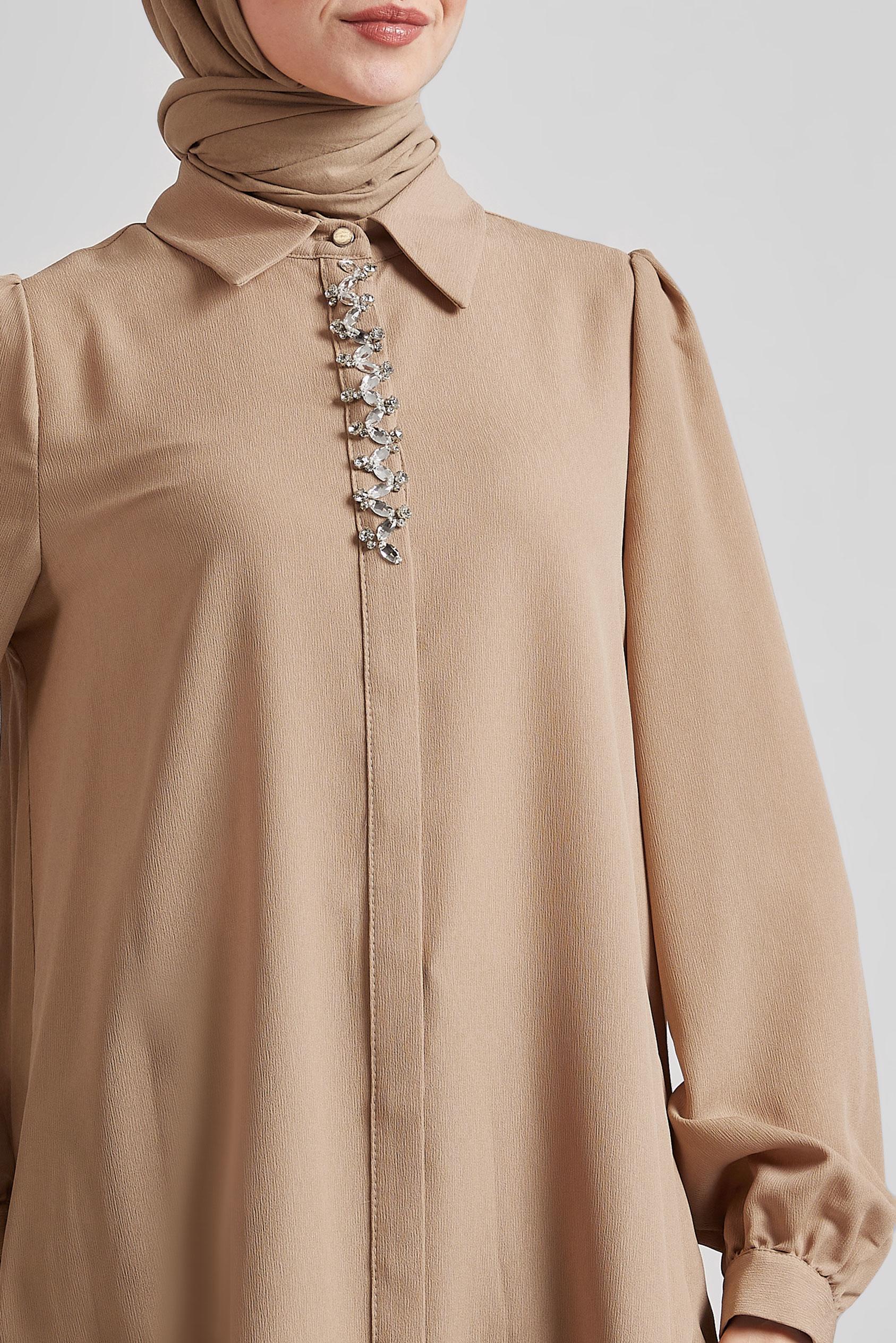 Tesettür giyim BEJ TAŞ DETAYLI TUNİK 44666