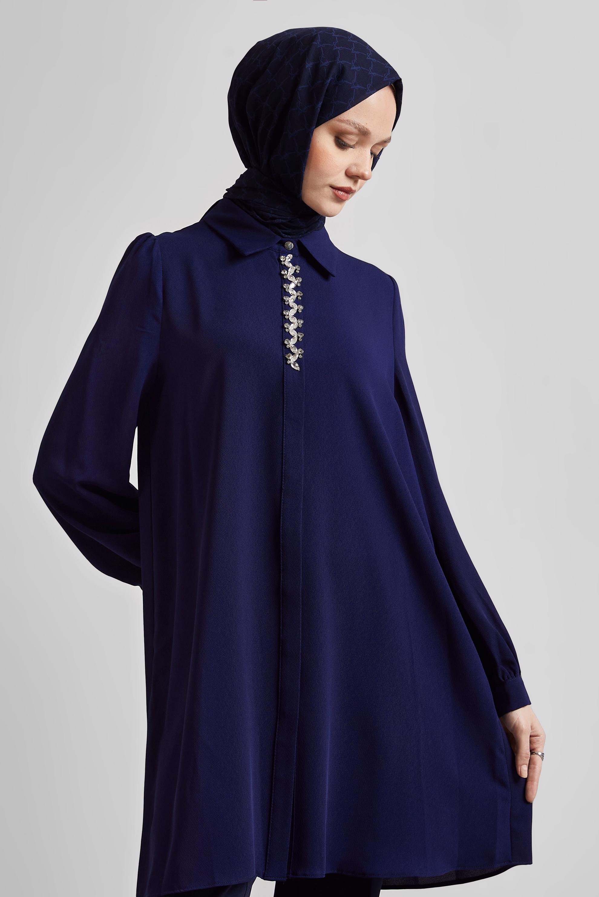 Tesettür giyim LACİVERT TAŞ DETAYLI TUNİK 44666