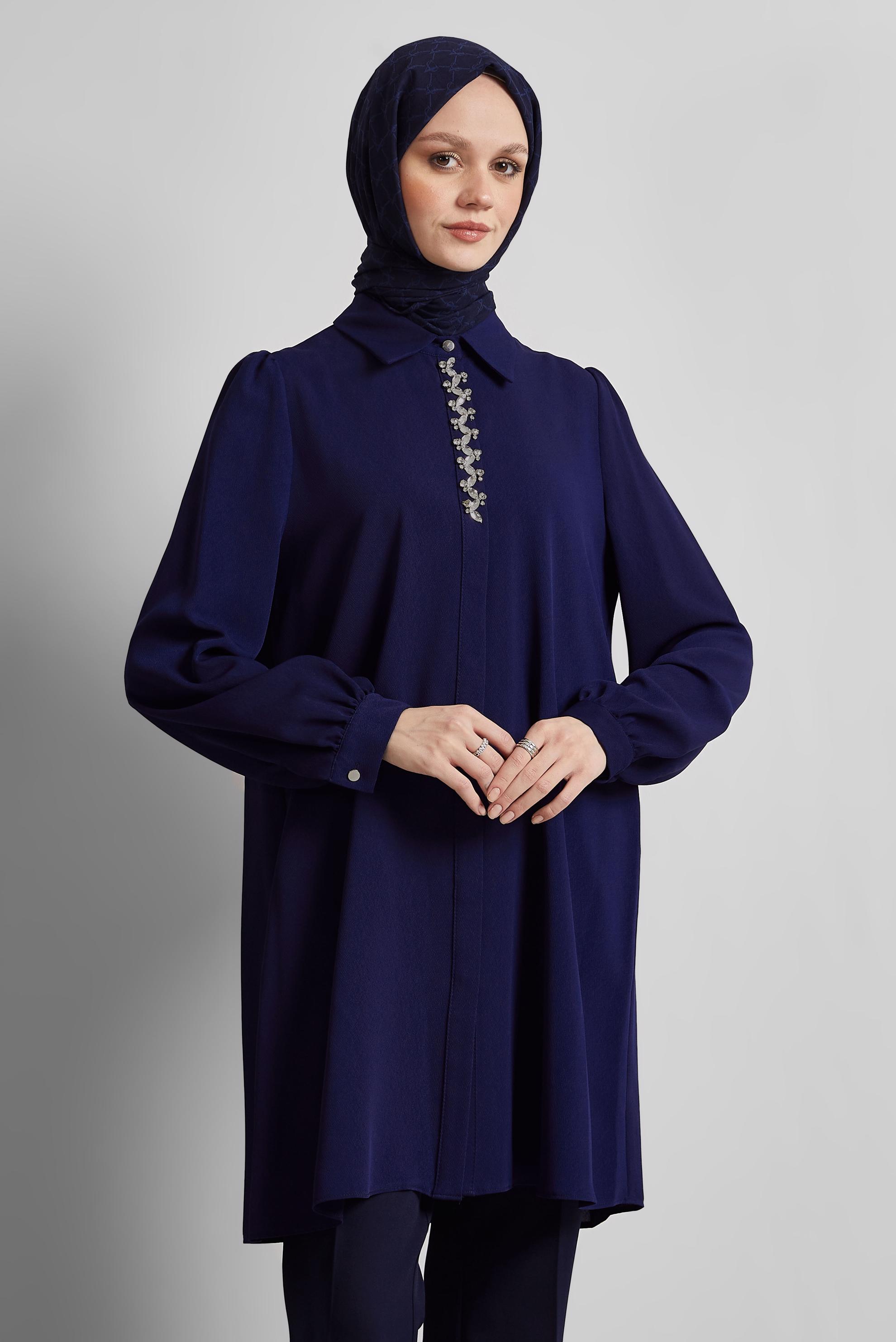 Tesettür giyim LACİVERT TAŞ DETAYLI TUNİK 44666
