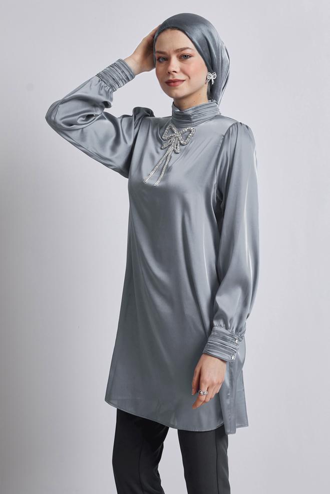Vêtements hijab GRIS TUNIQUE BRODÉE DE PIERRES PRÉCIEUSES 44685 - ALVİNA