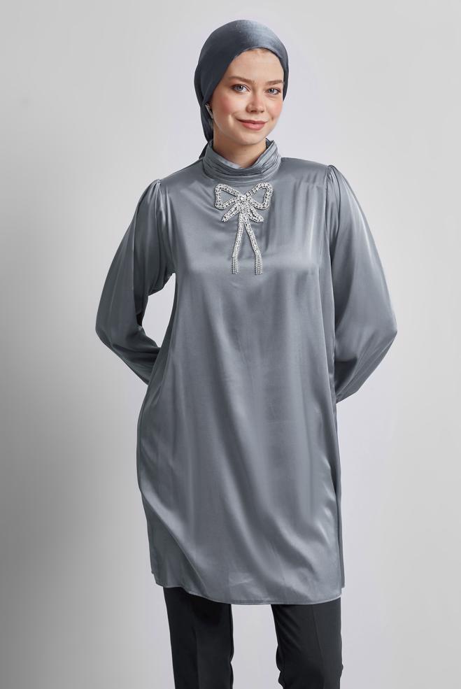 Vêtements hijab GRIS TUNIQUE BRODÉE DE PIERRES PRÉCIEUSES 44685 - ALVİNA