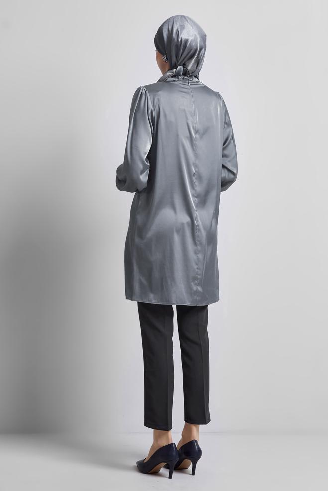 Vêtements hijab GRIS TUNIQUE BRODÉE DE PIERRES PRÉCIEUSES 44685 - ALVİNA