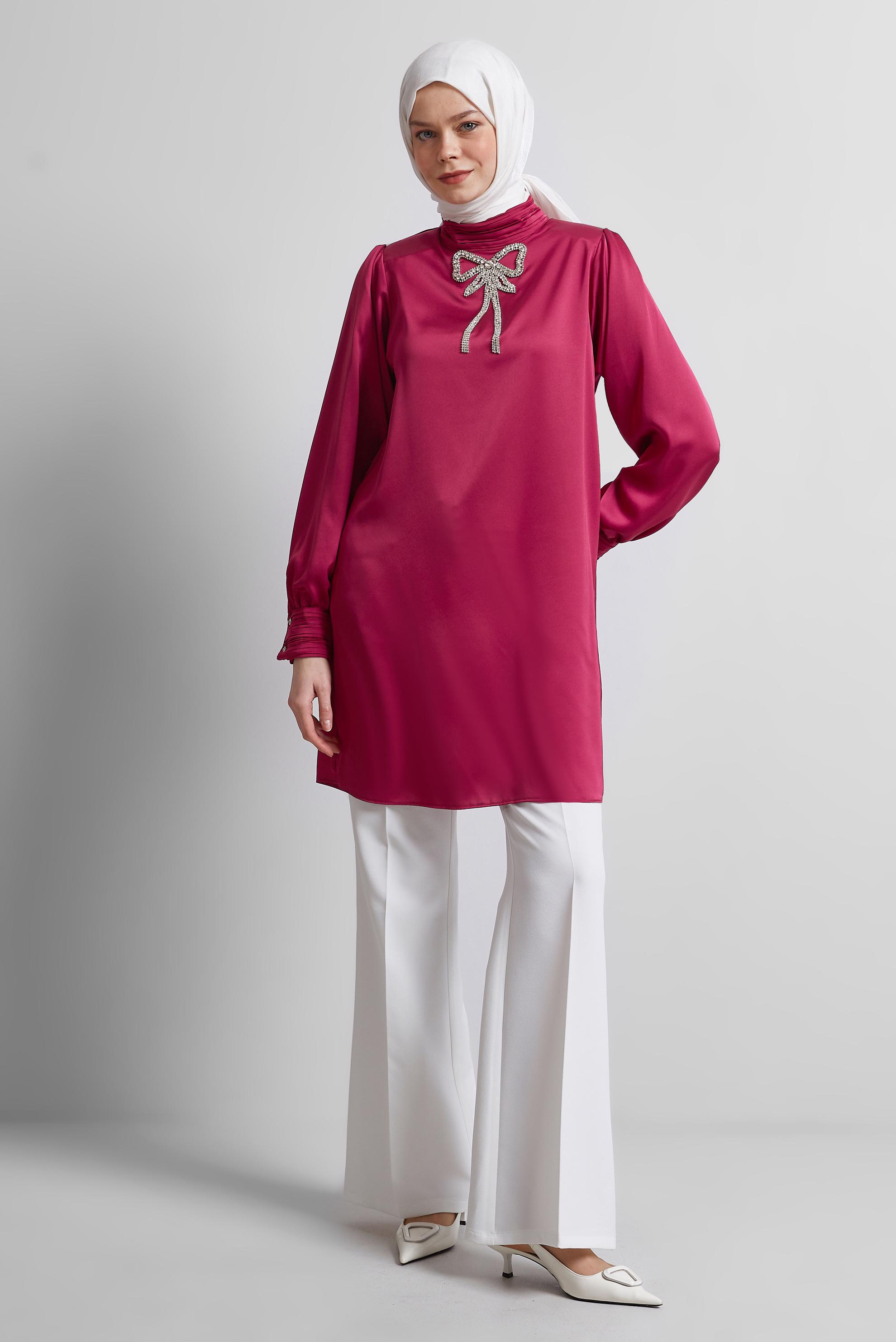 Tesettür giyim FUŞYA TAŞ DETAYLI TUNİK 44685