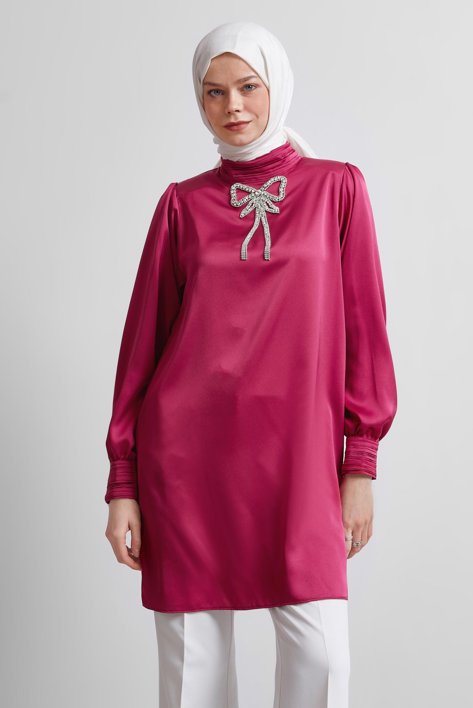 Tesettür giyim FUŞYA TAŞ DETAYLI TUNİK 44685