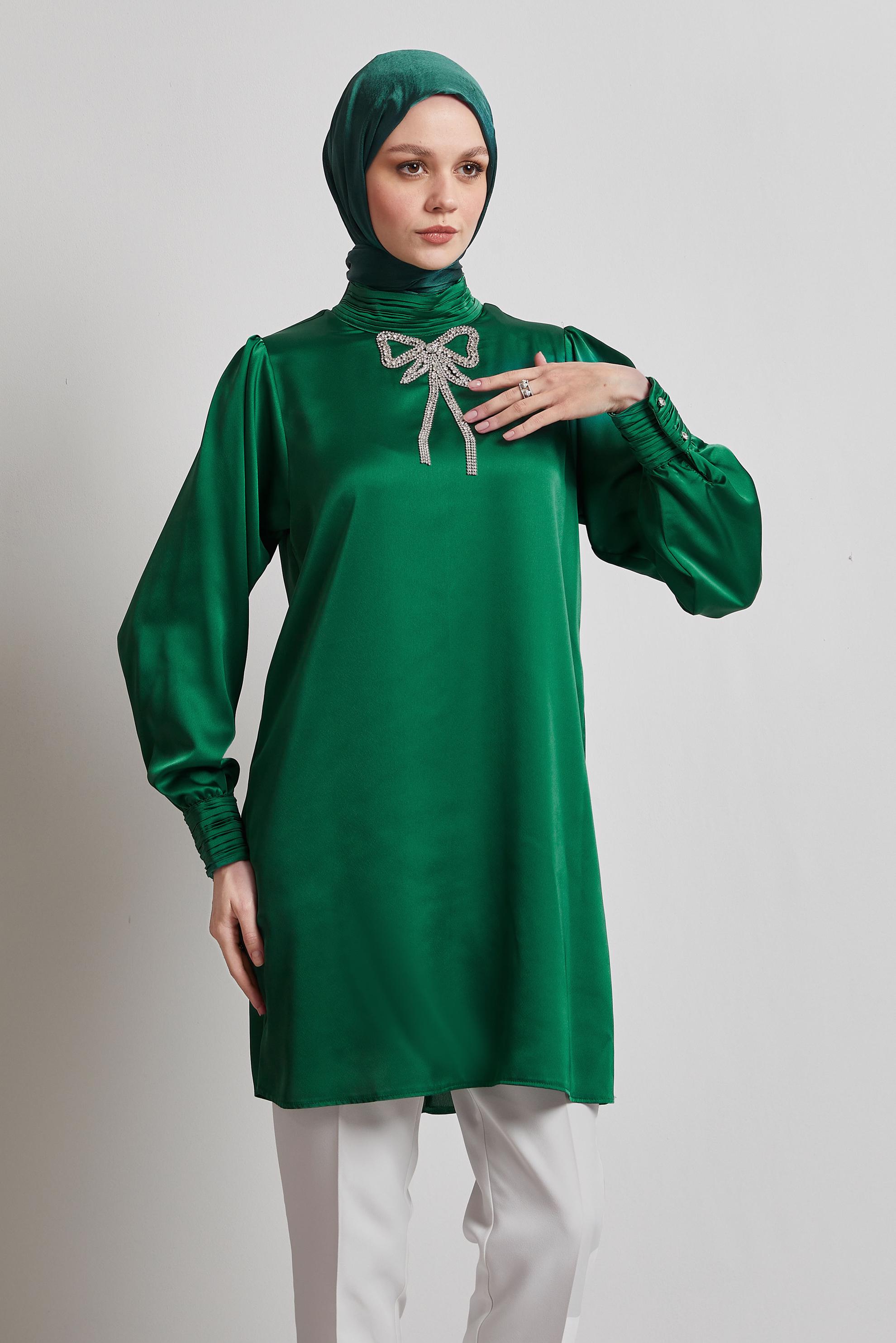 Tesettür giyim YEŞİL TAŞ DETAYLI TUNİK 44685