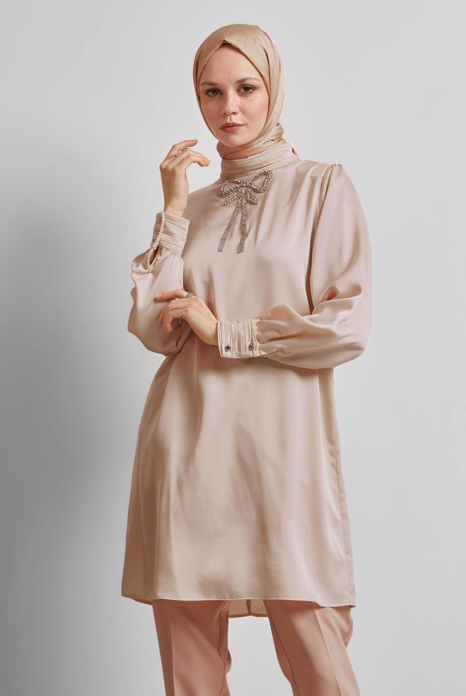 Vêtements hijab BEIGE TUNIQUE BRODÉE DE PIERRES PRÉCIEUSES 44685 - ALVİNA