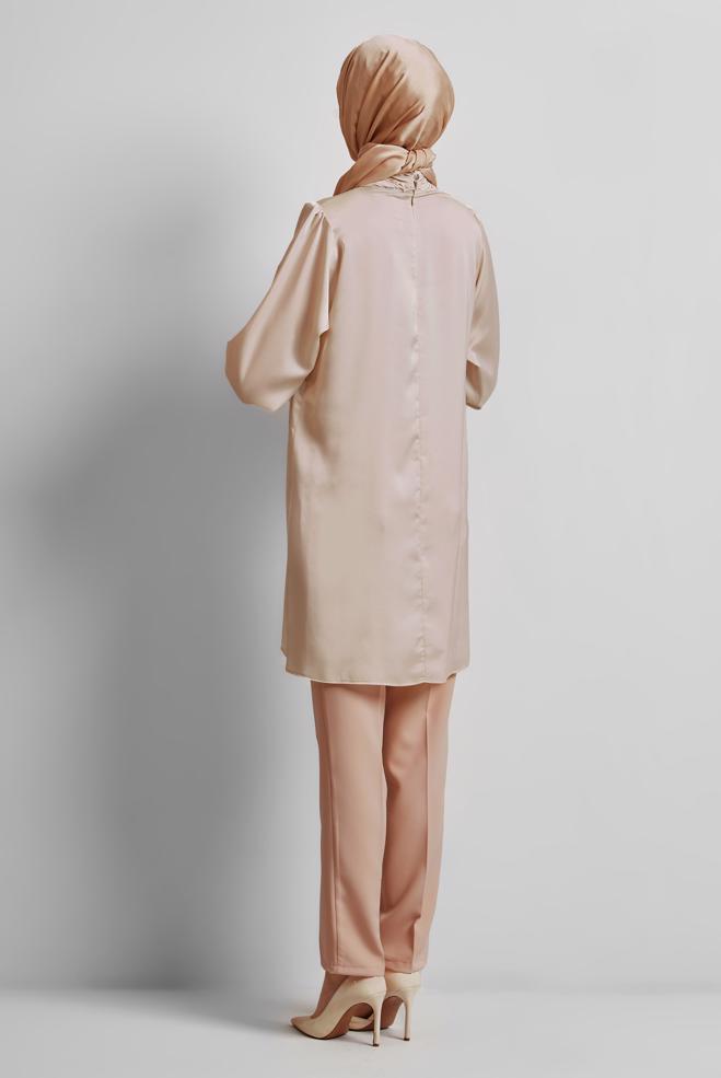 Vêtements hijab BEIGE TUNIQUE BRODÉE DE PIERRES PRÉCIEUSES 44685 - ALVİNA