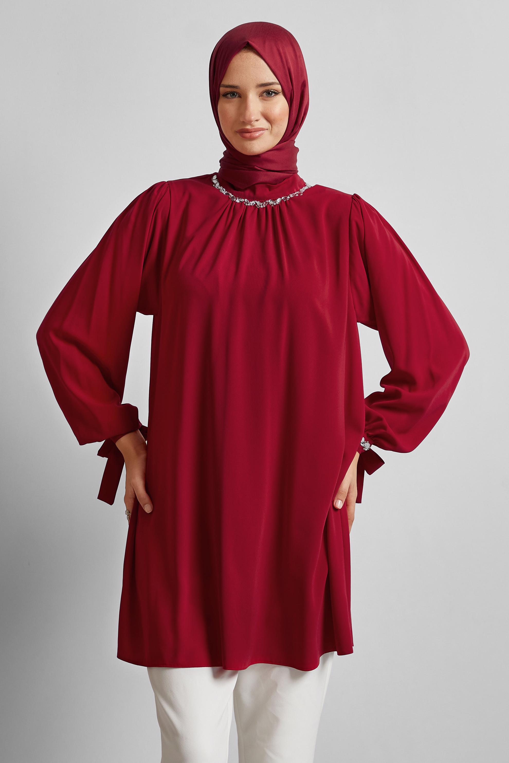 Tesettür giyim KIRMIZI TAŞ DETAYLI TUNİK 44687