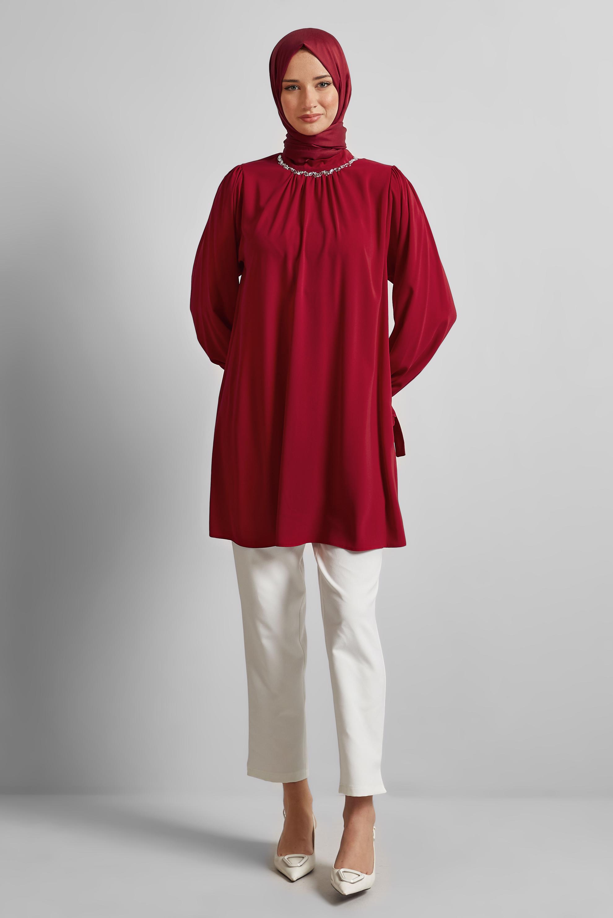 Tesettür giyim KIRMIZI TAŞ DETAYLI TUNİK 44687