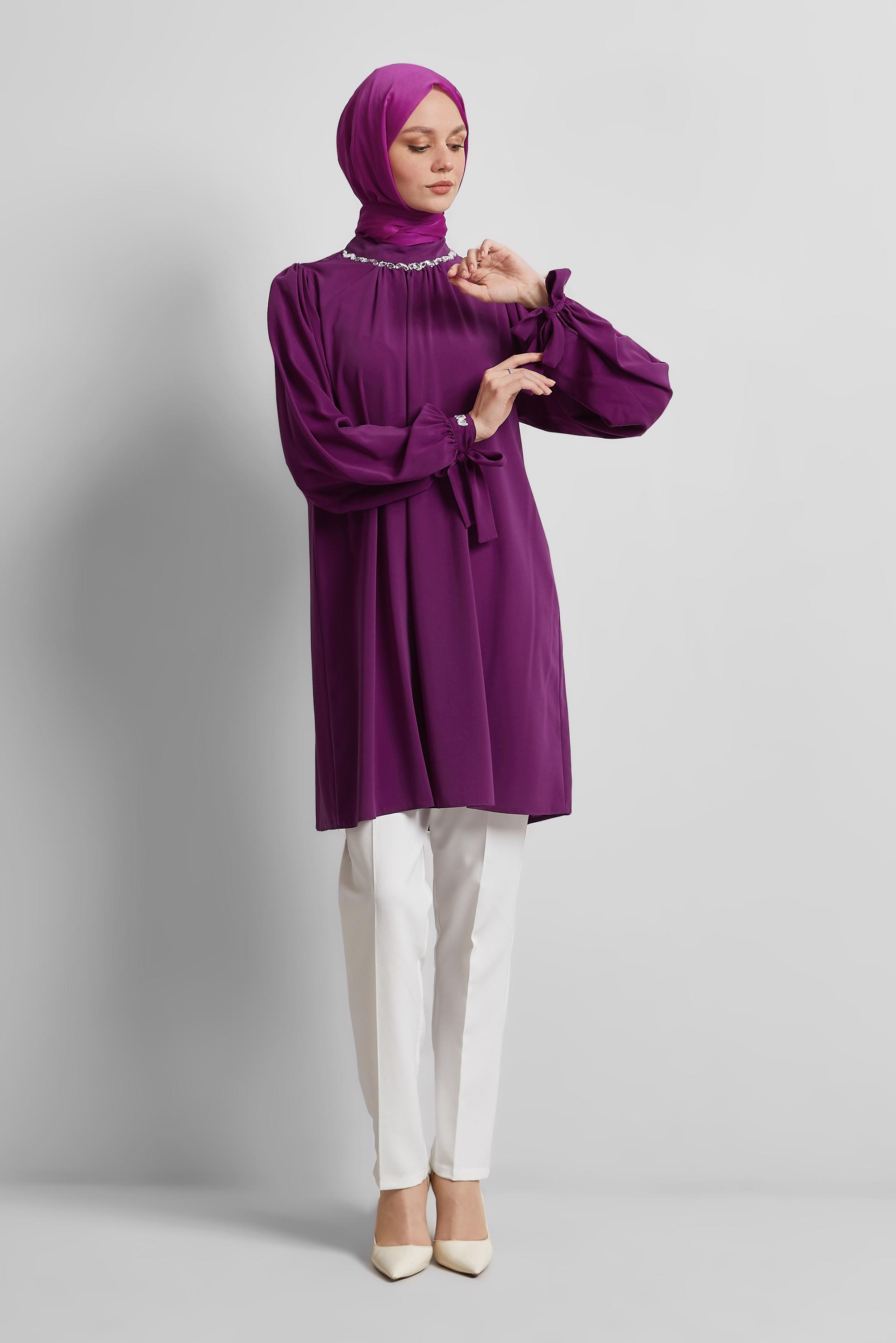 Tesettür giyim MOR TAŞ DETAYLI TUNİK 44687