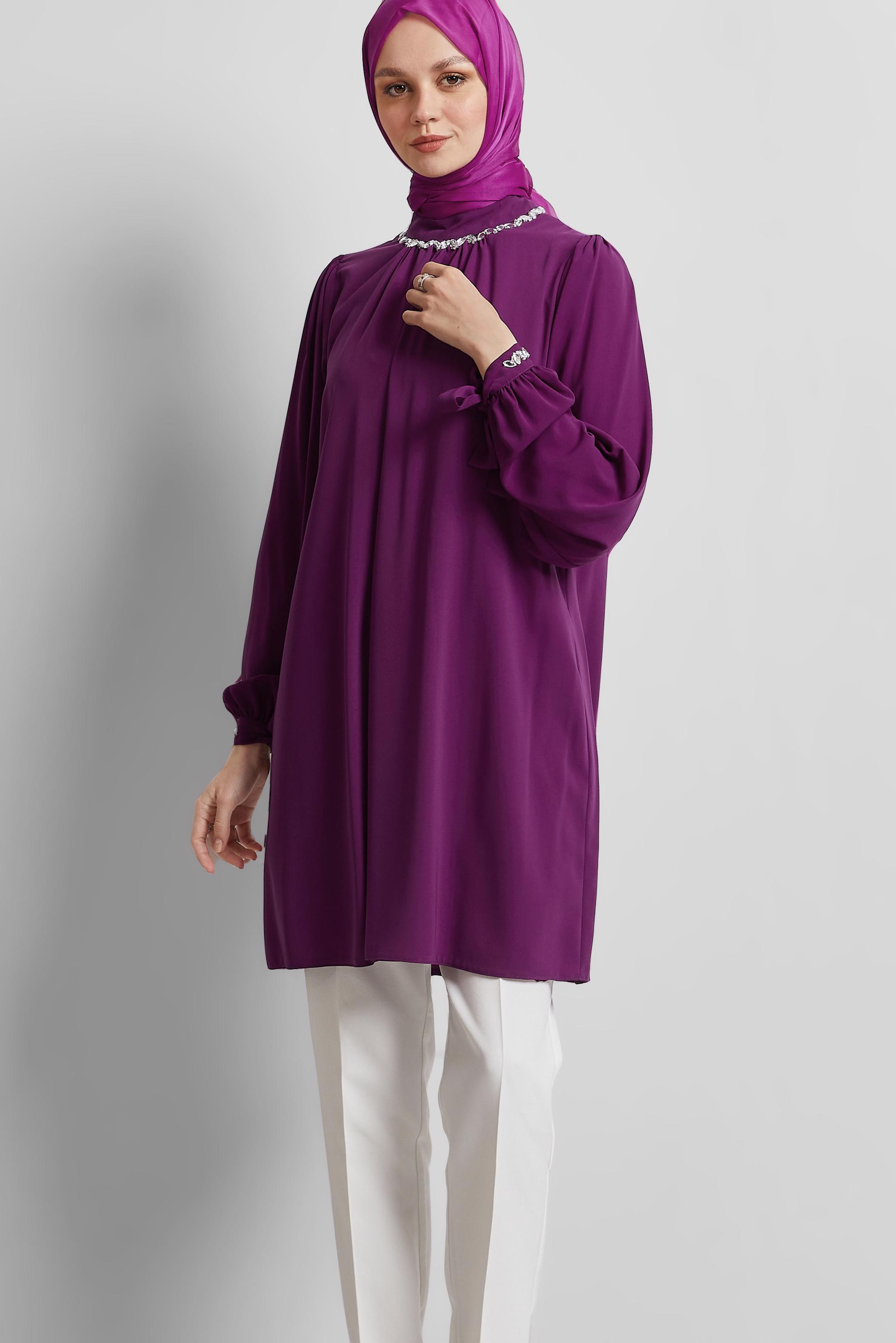 Tesettür giyim MOR TAŞ DETAYLI TUNİK 44687