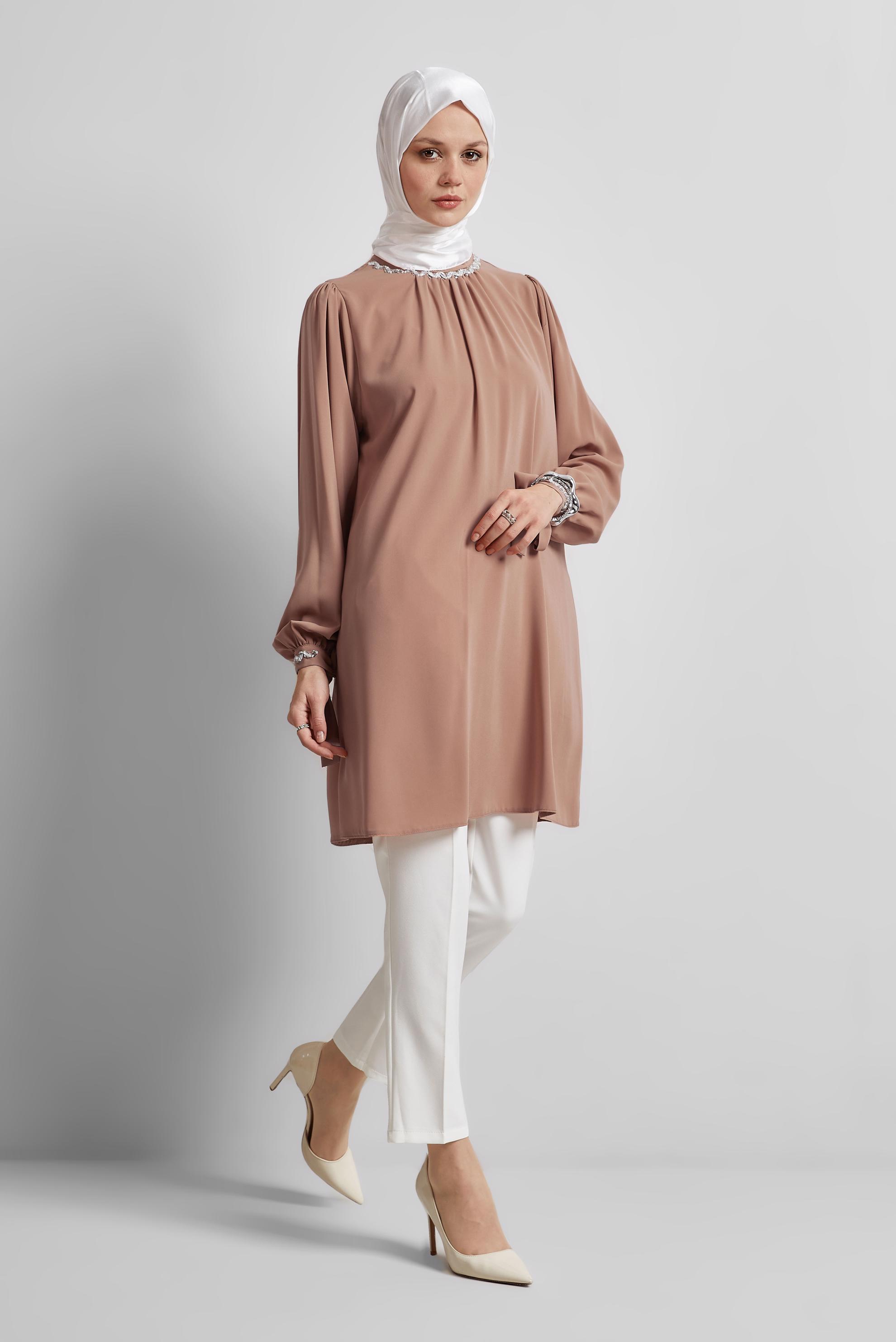 Tesettür giyim KAHVE TAŞ DETAYLI TUNİK 44687