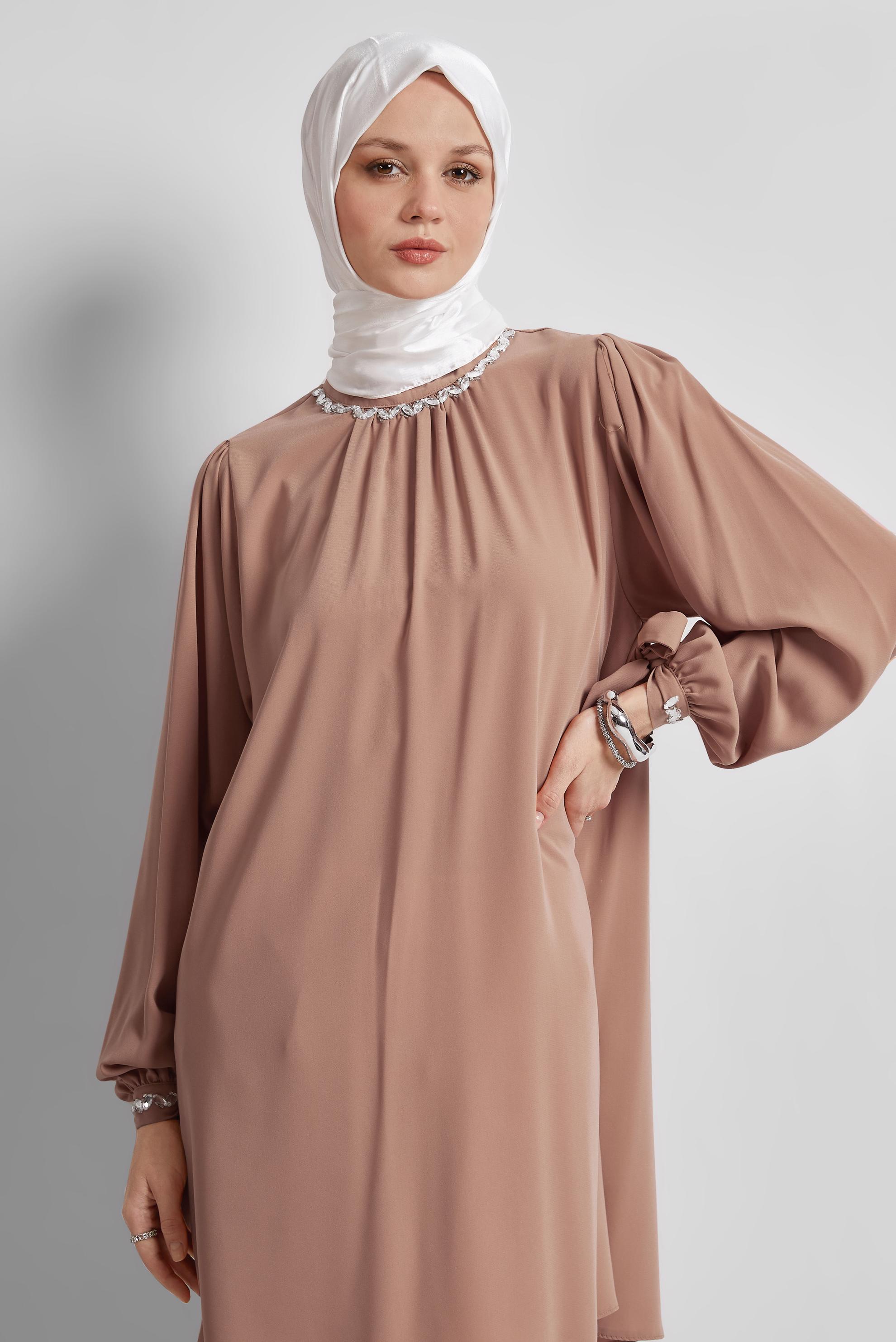 Tesettür giyim KAHVE TAŞ DETAYLI TUNİK 44687