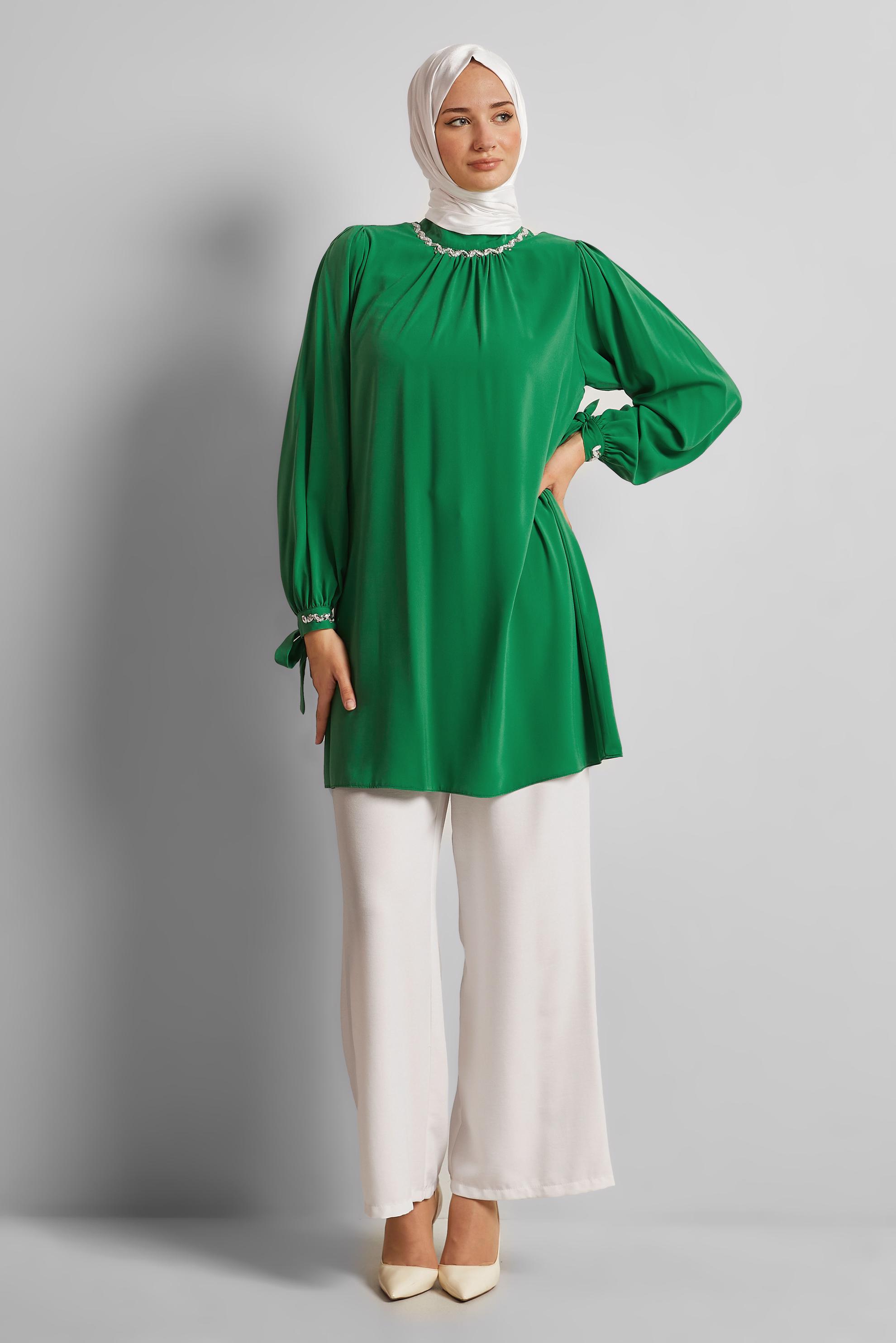 Tesettür giyim YEŞİL TAŞ DETAYLI TUNİK 44687