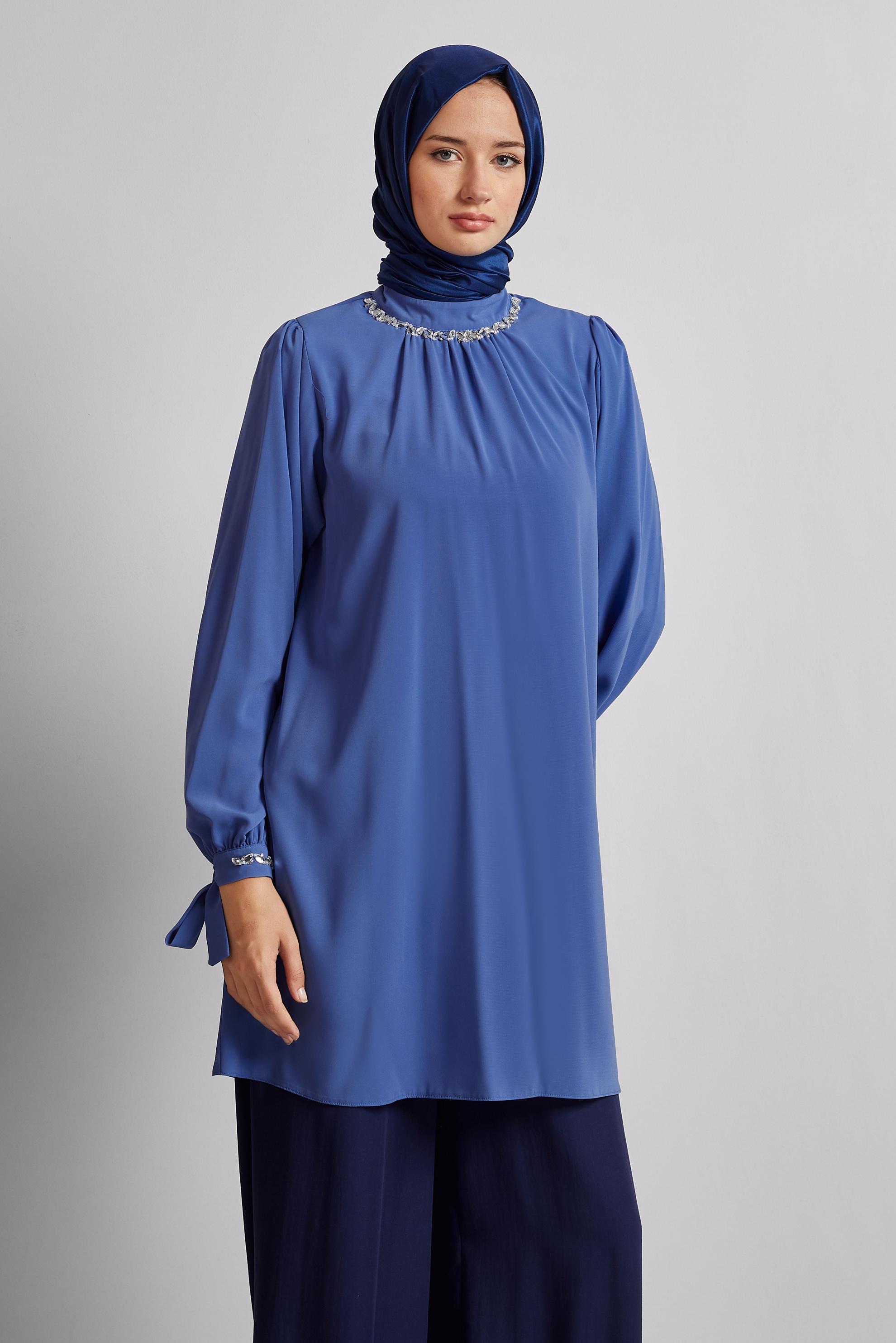 Tesettür giyim MAVİ TAŞ DETAYLI TUNİK 44687
