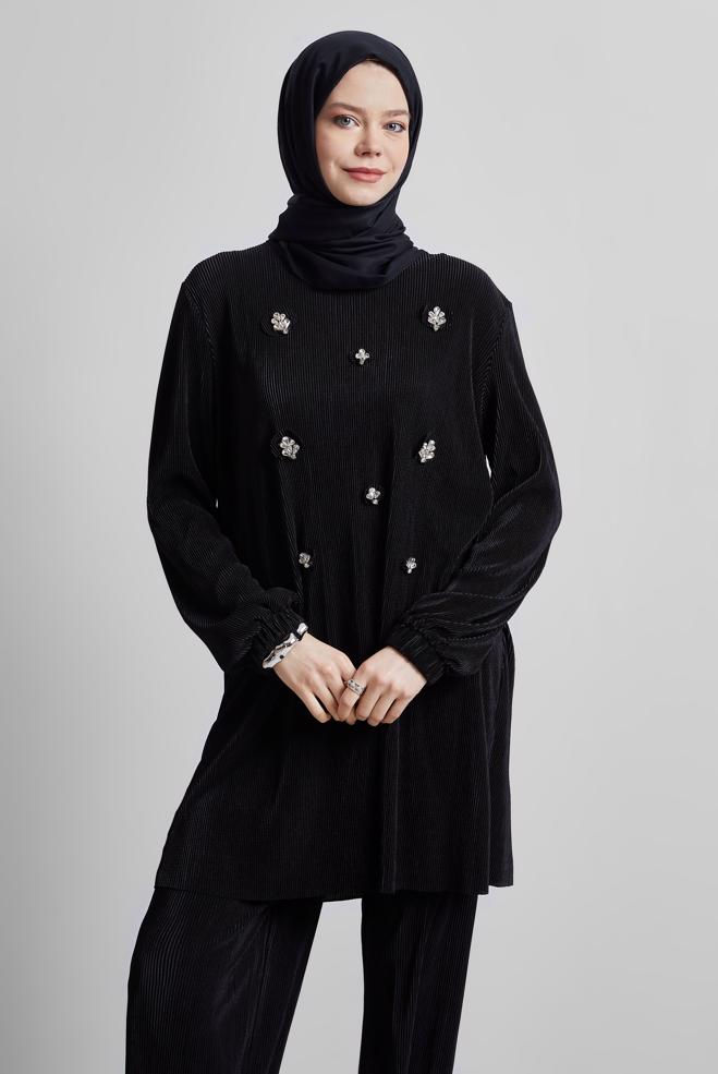 Tesettür giyim SİYAH TAŞ DETAYLI TUNİK 44689 - ALVİNA