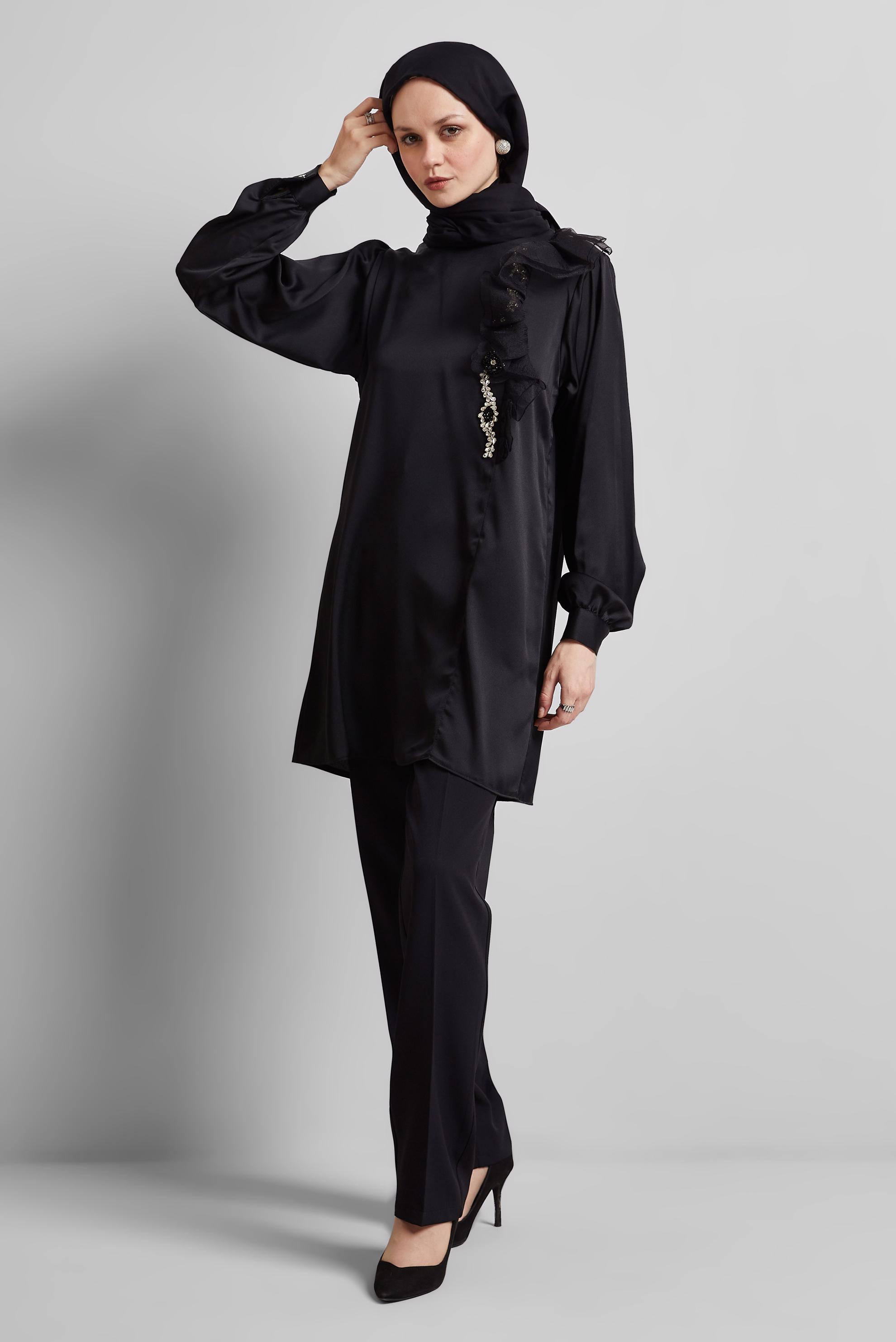 Tesettür giyim SİYAH FIRFIR DETAYLI TUNİK 44714