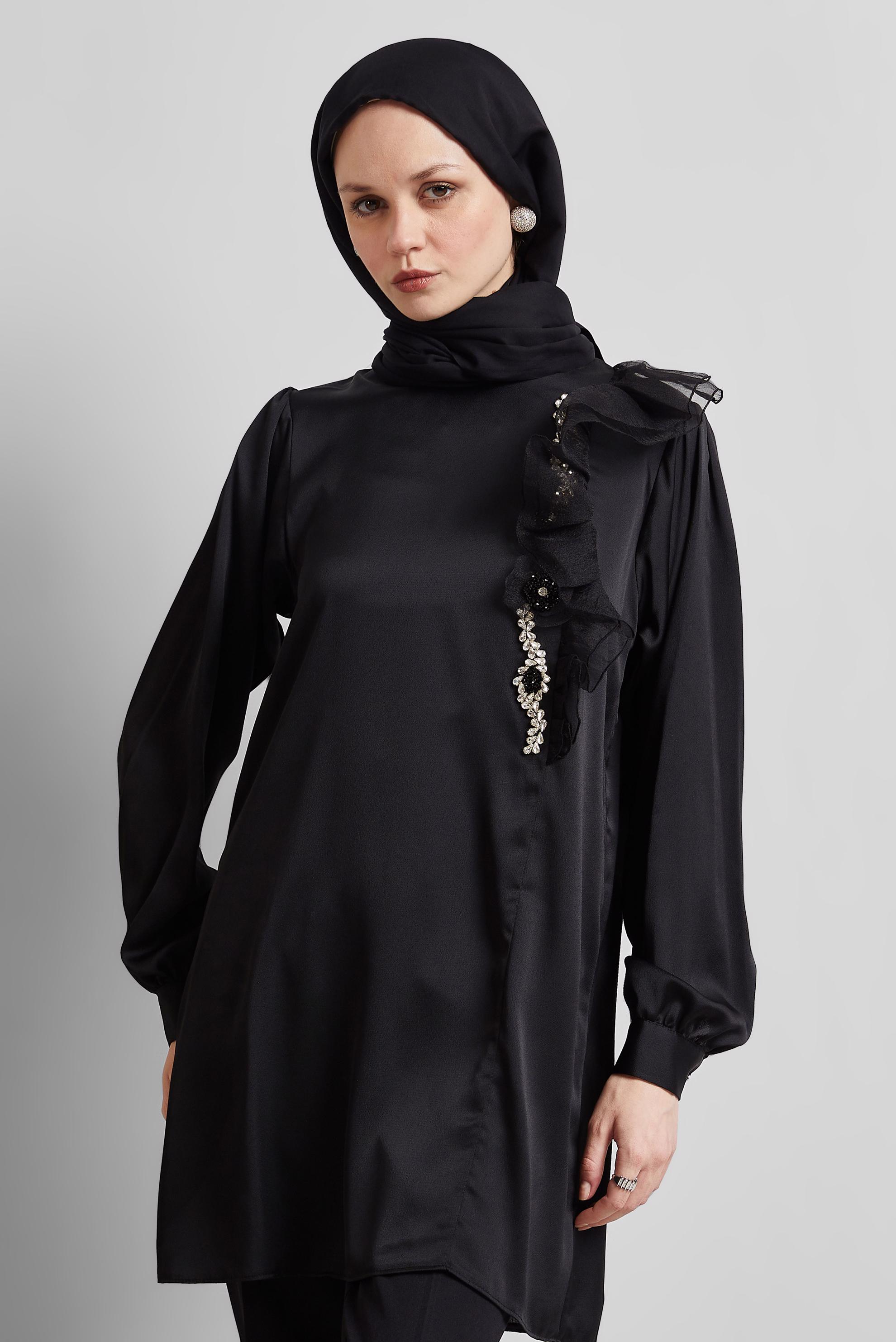 Tesettür giyim SİYAH FIRFIR DETAYLI TUNİK 44714