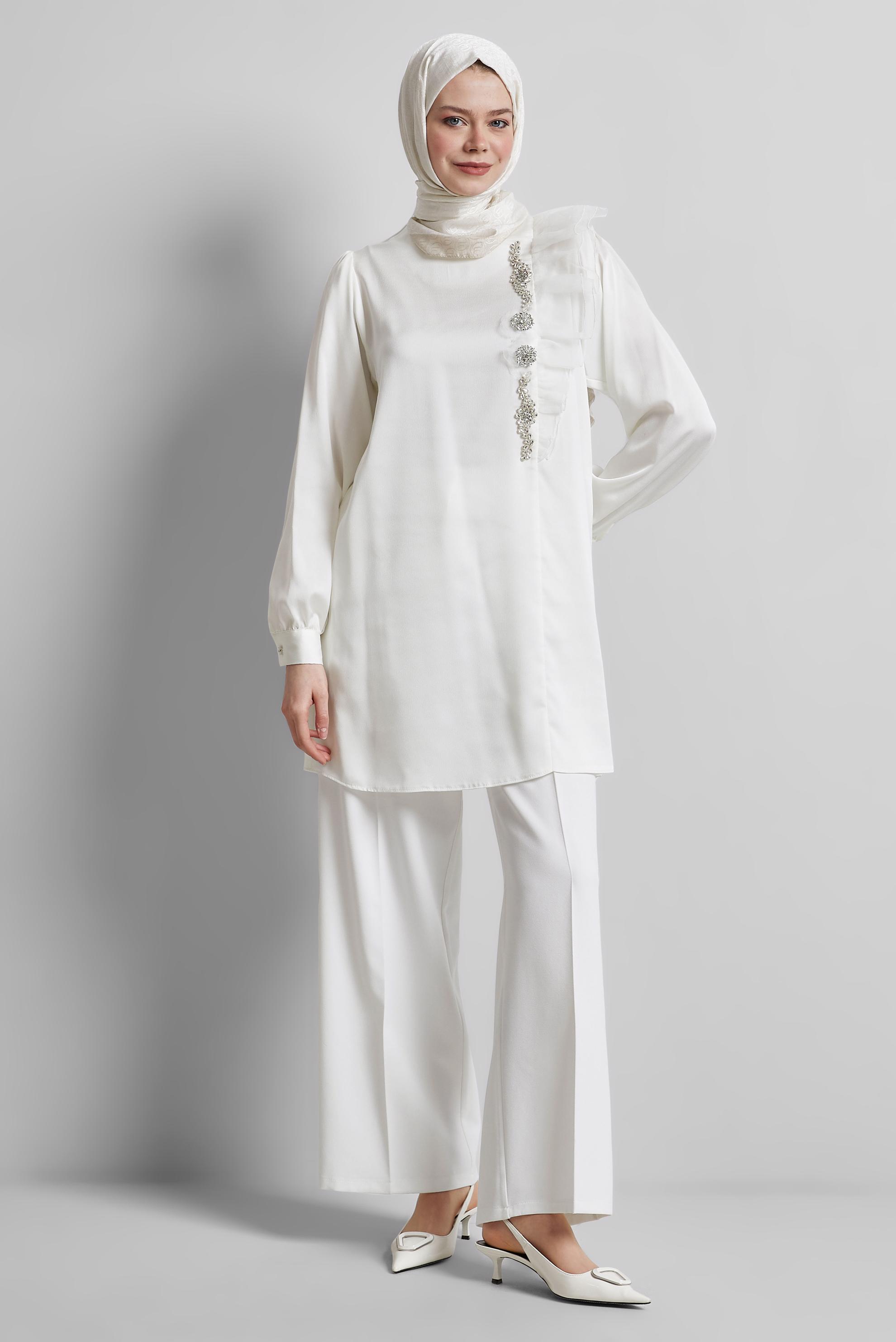 Tesettür giyim BEYAZ FIRFIR DETAYLI TUNİK 44714