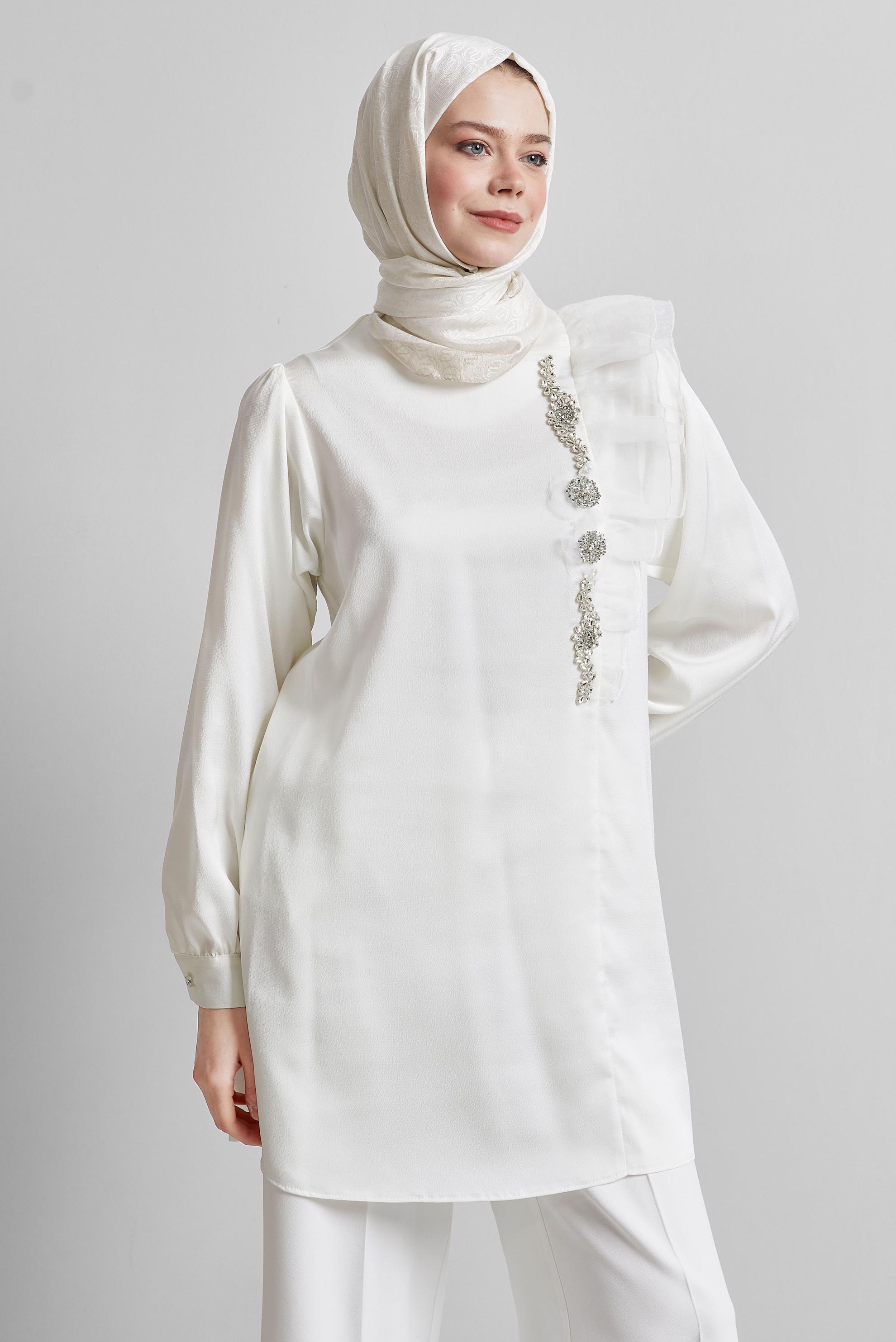 Tesettür giyim BEYAZ FIRFIR DETAYLI TUNİK 44714
