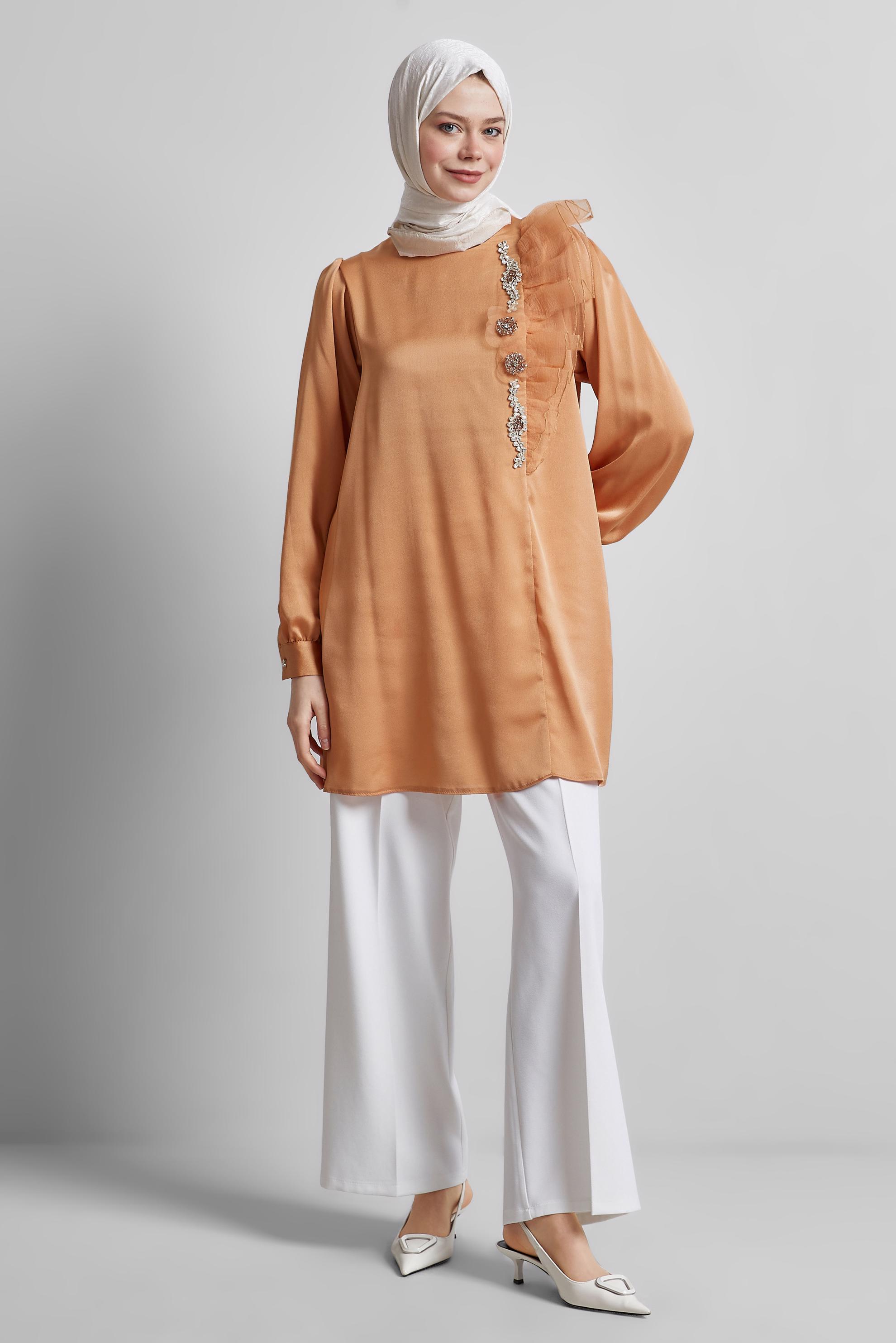 Tesettür giyim TURUNCU FIRFIR DETAYLI TUNİK 44714