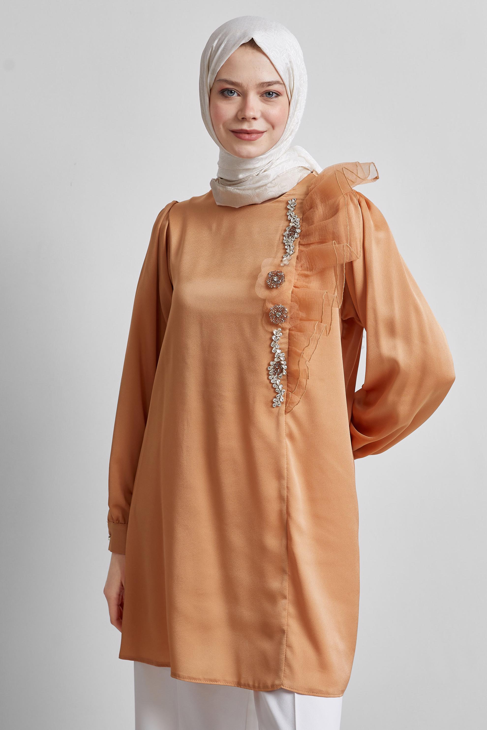 Tesettür giyim TURUNCU FIRFIR DETAYLI TUNİK 44714