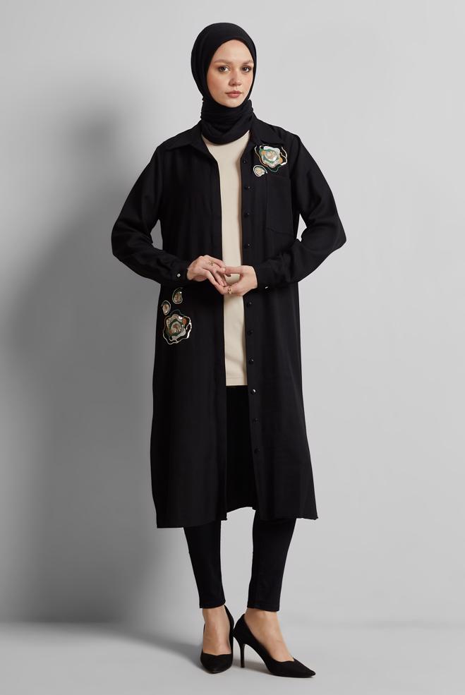 Tesettür giyim SİYAH İŞLEME DETAYLI TUNİK 44774 - ALVİNA