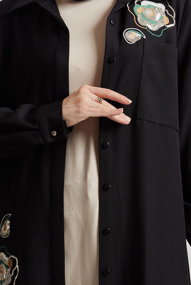 Tesettür giyim SİYAH İŞLEME DETAYLI TUNİK 44774 - ALVİNA