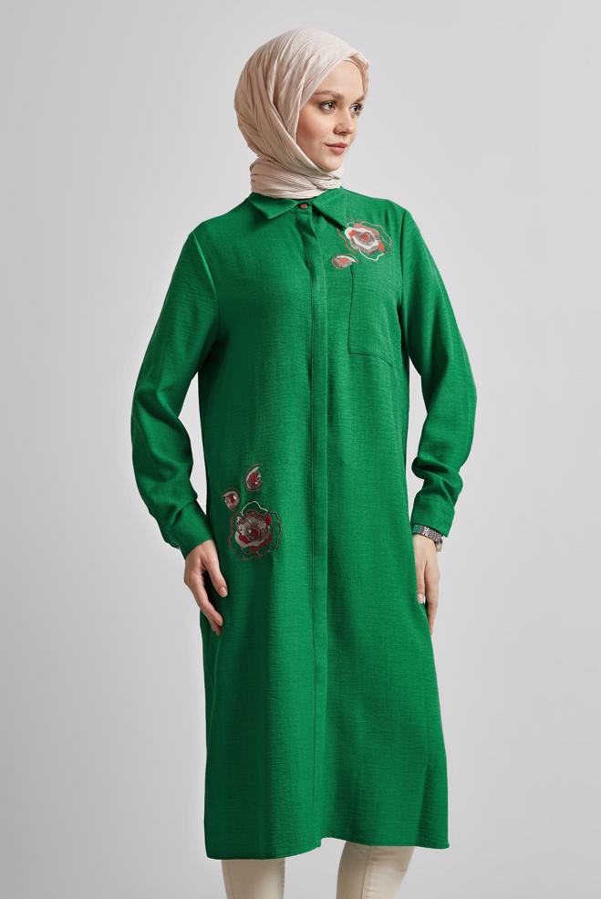 Tesettür giyim YEŞİL İŞLEME DETAYLI TUNİK 44774 - ALVİNA