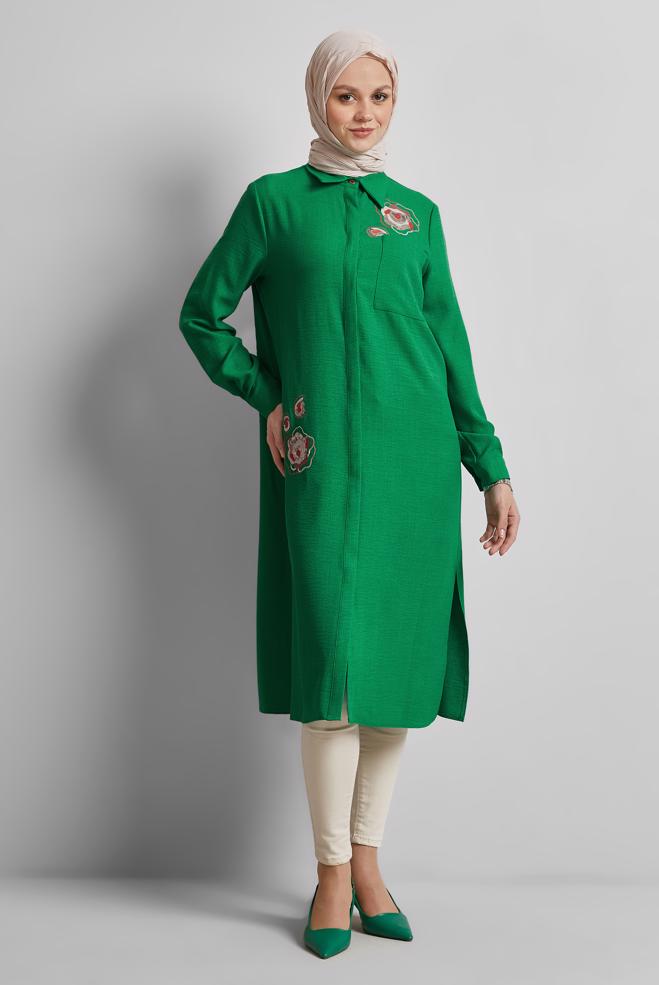 Tesettür giyim YEŞİL İŞLEME DETAYLI TUNİK 44774 - ALVİNA