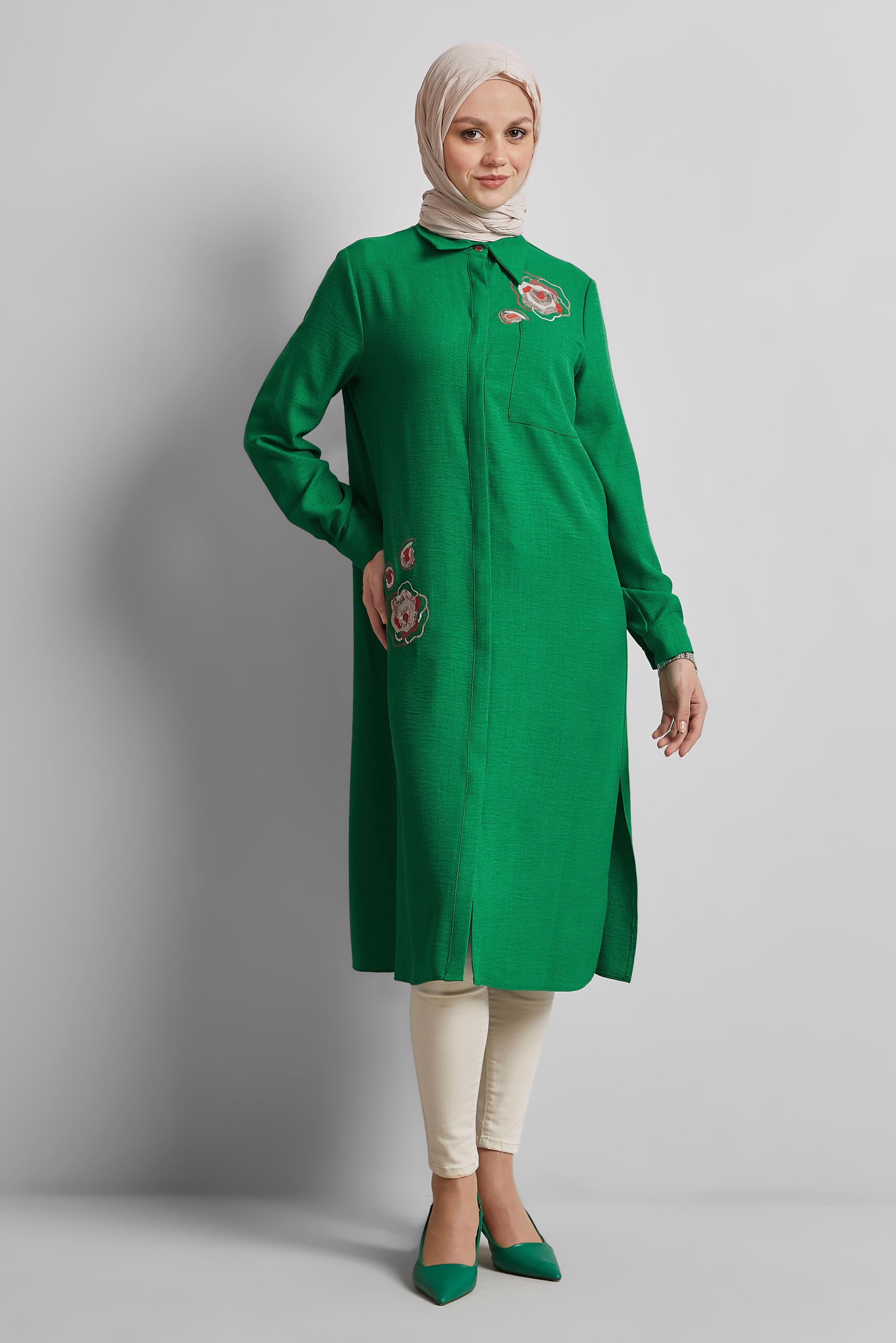 Tesettür giyim YEŞİL İŞLEME DETAYLI TUNİK 44774