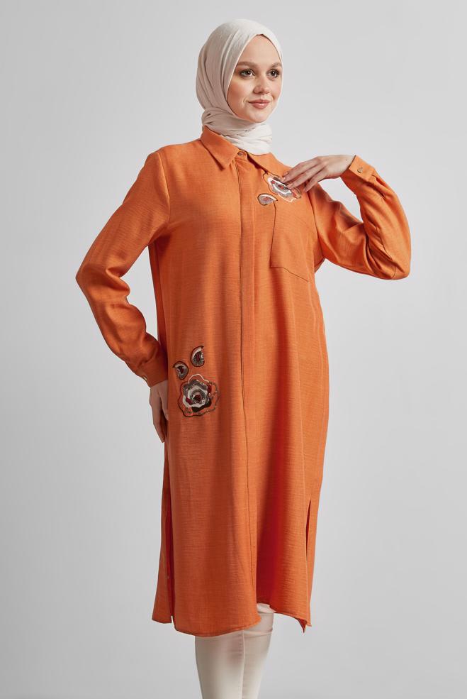 Tesettür giyim TURUNCU İŞLEME DETAYLI TUNİK 44774 - ALVİNA