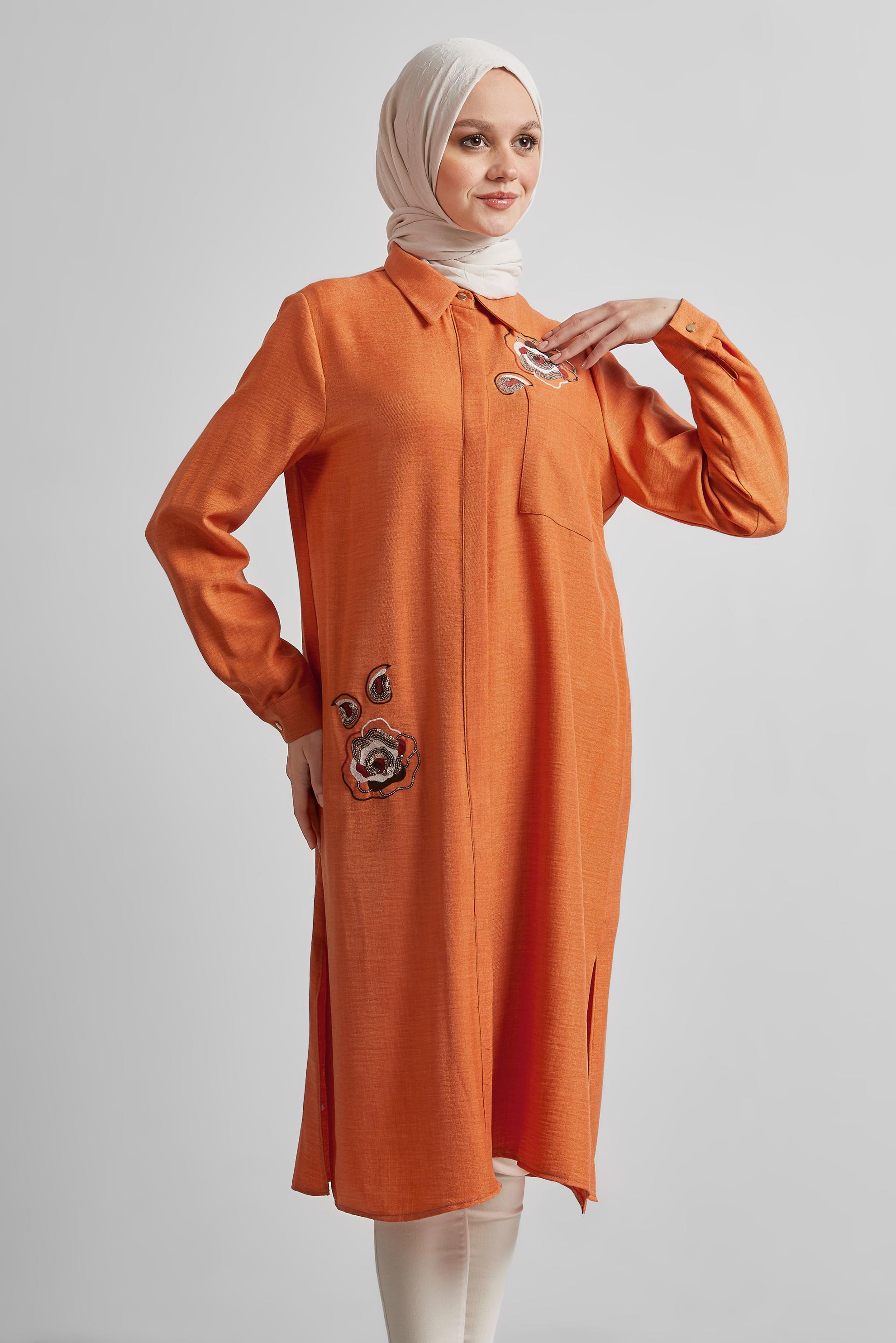 Tesettür giyim TURUNCU İŞLEME DETAYLI TUNİK 44774