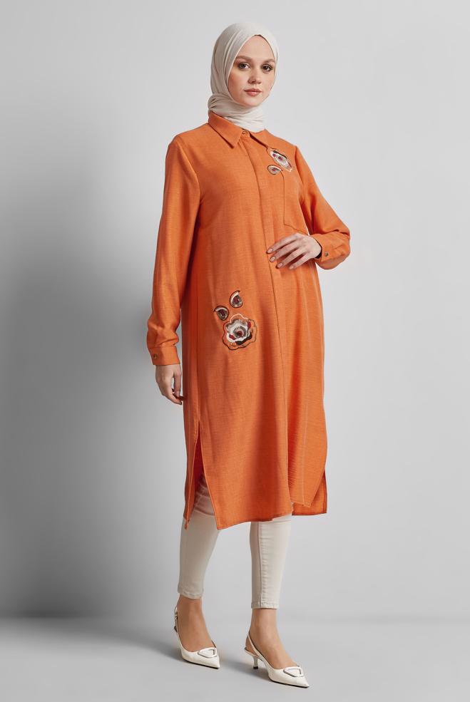 Tesettür giyim TURUNCU İŞLEME DETAYLI TUNİK 44774 - ALVİNA